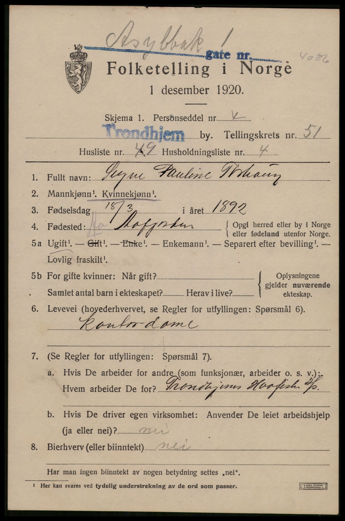 SAT, 1920 census for Trondheim, 1920, p. 106476