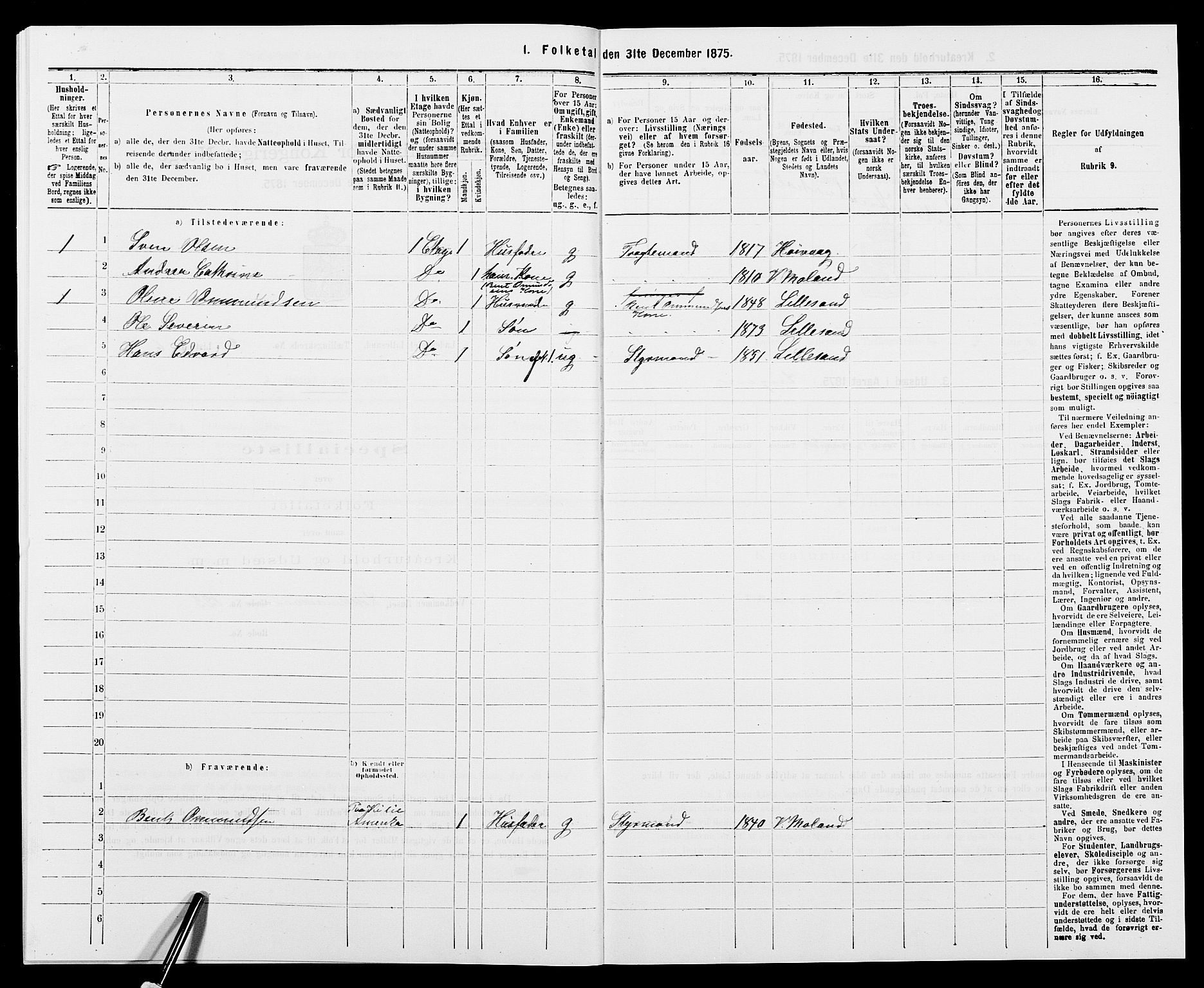 SAK, 1875 census for 0905B Vestre Moland/Lillesand, 1875, p. 215