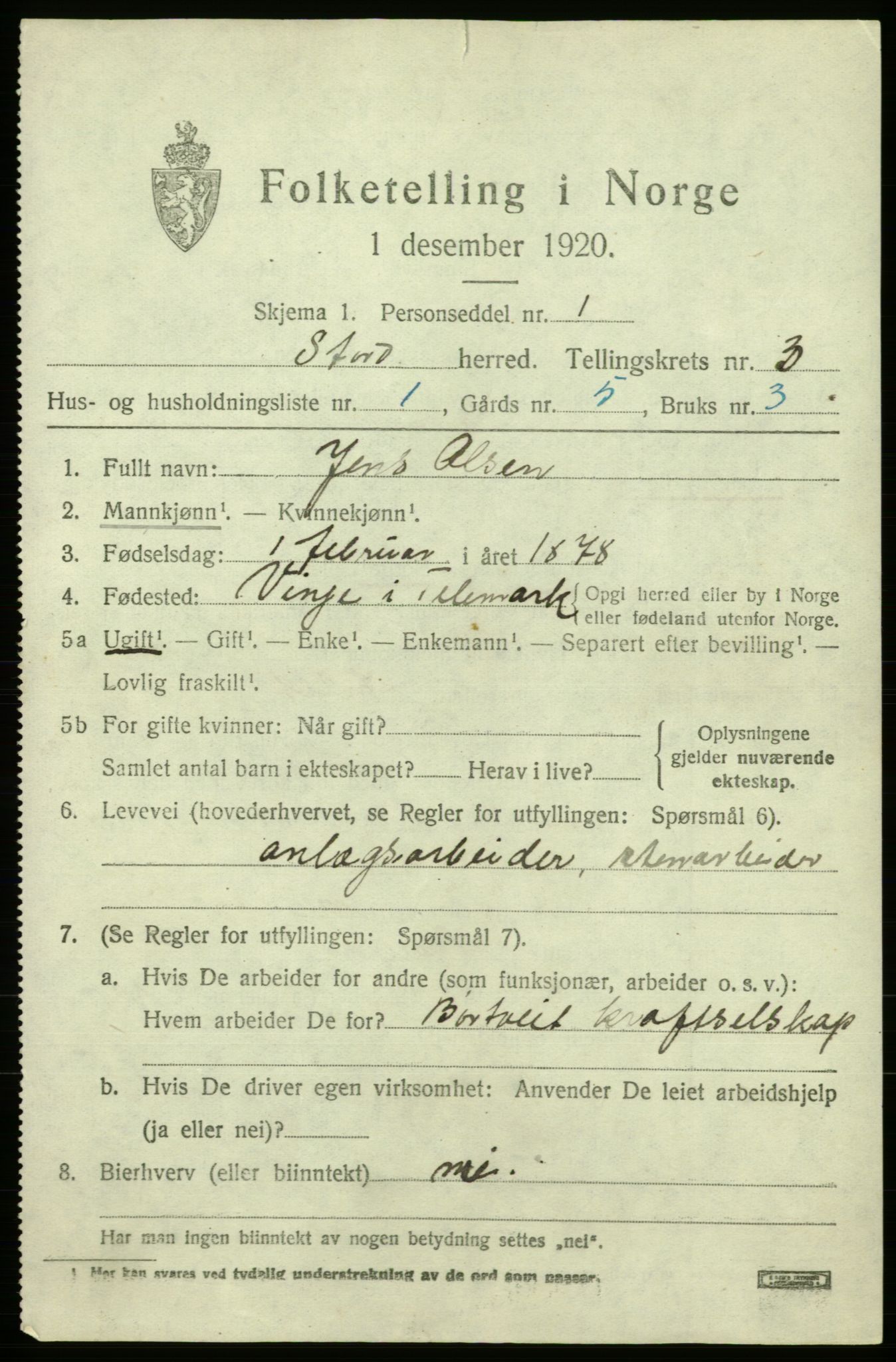 SAB, 1920 census for Stord, 1920, p. 1767