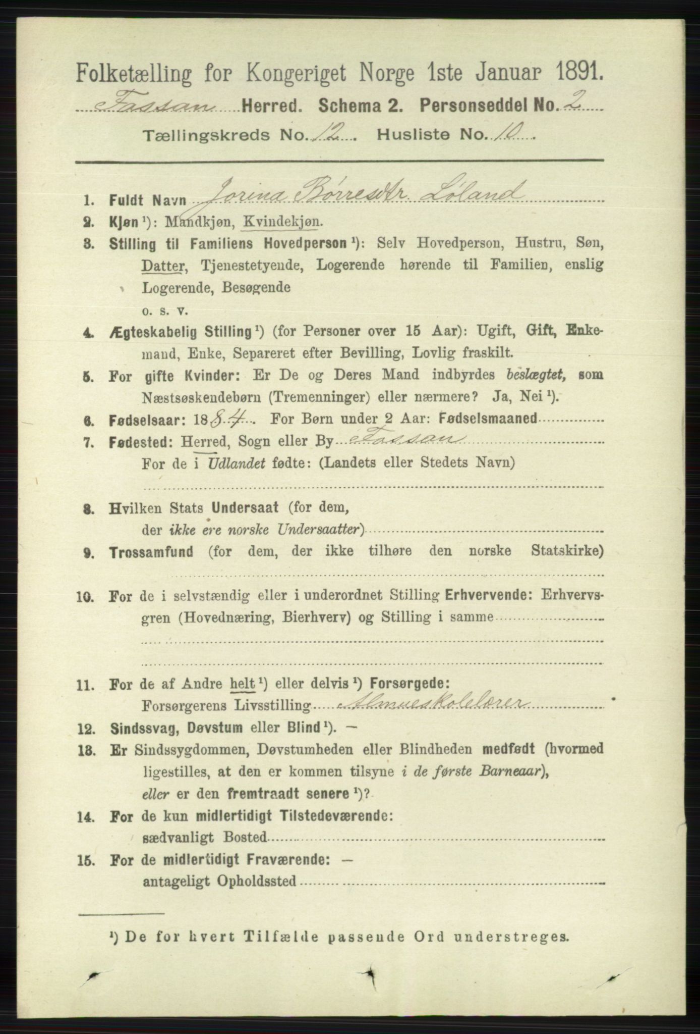 RA, 1891 census for 1129 Forsand, 1891, p. 2009