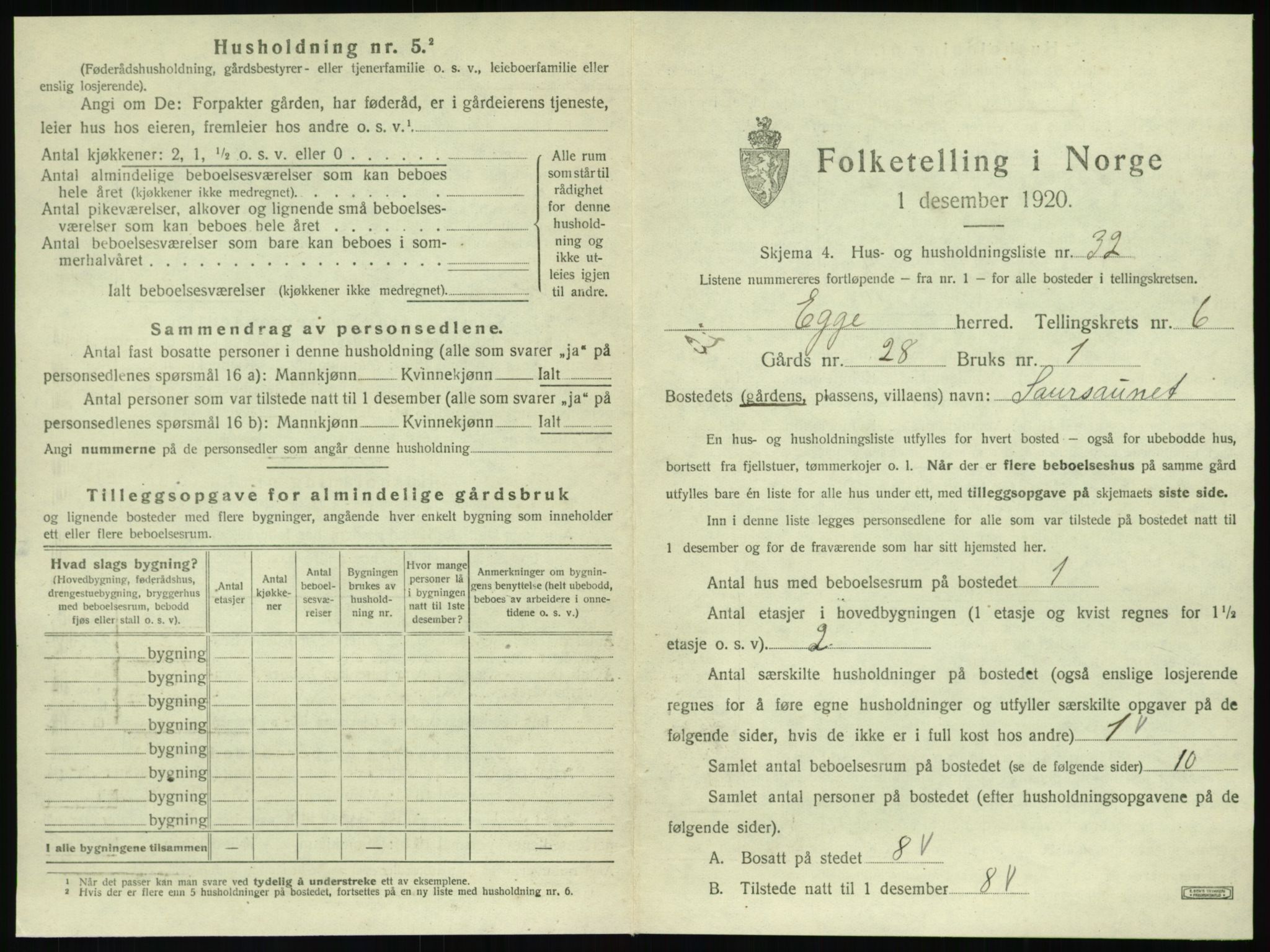 SAT, 1920 census for Egge, 1920, p. 578