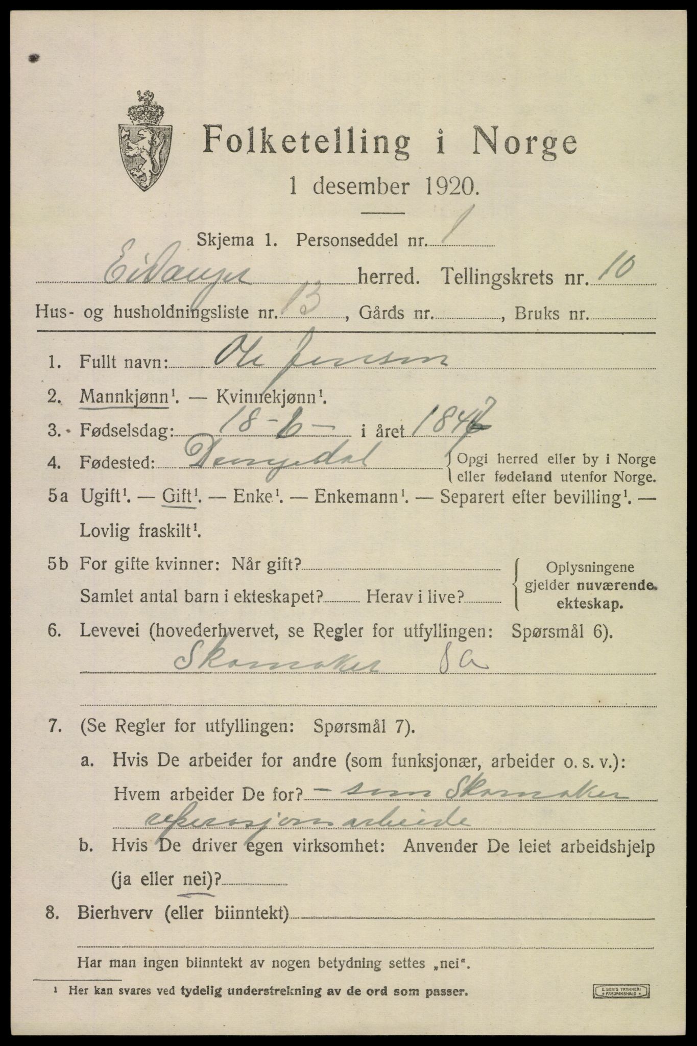 SAKO, 1920 census for Eidanger, 1920, p. 6484