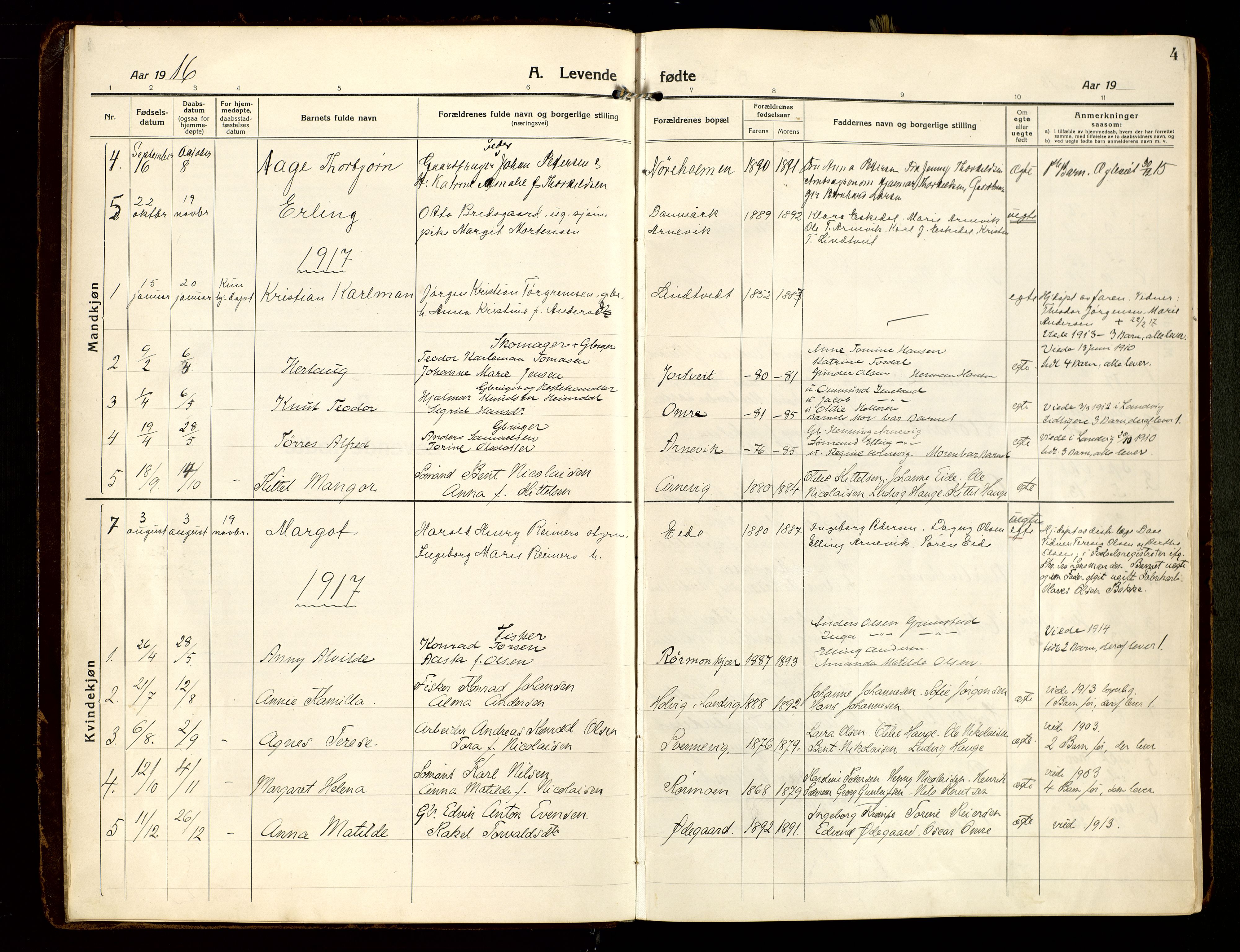 Hommedal sokneprestkontor, SAK/1111-0023/F/Fa/Faa/L0004: Parish register (official) no. A 4, 1916-1945, p. 4