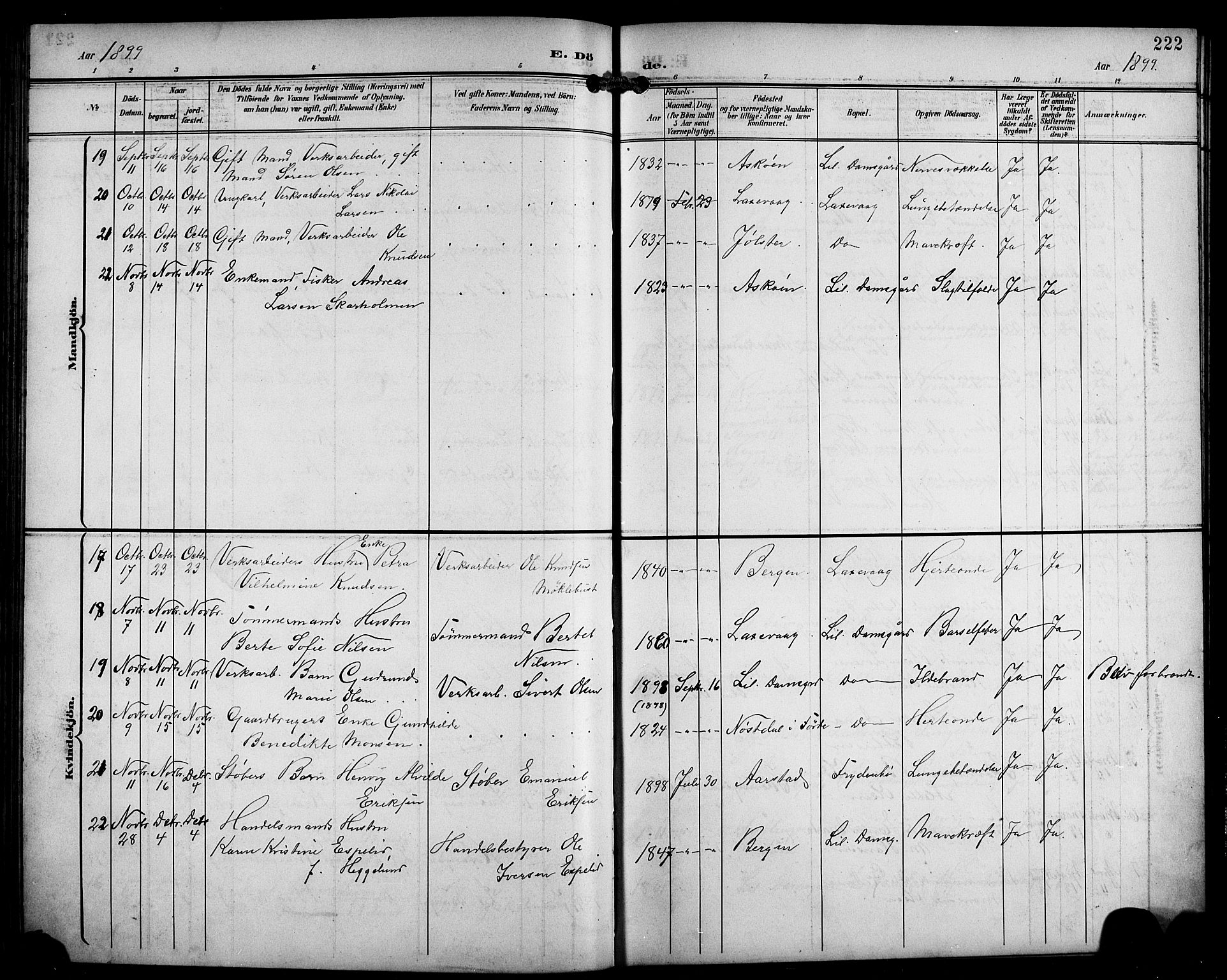 Laksevåg Sokneprestembete, SAB/A-76501/H/Ha/Hab/Haba/L0004: Parish register (copy) no. A 4, 1899-1909, p. 222