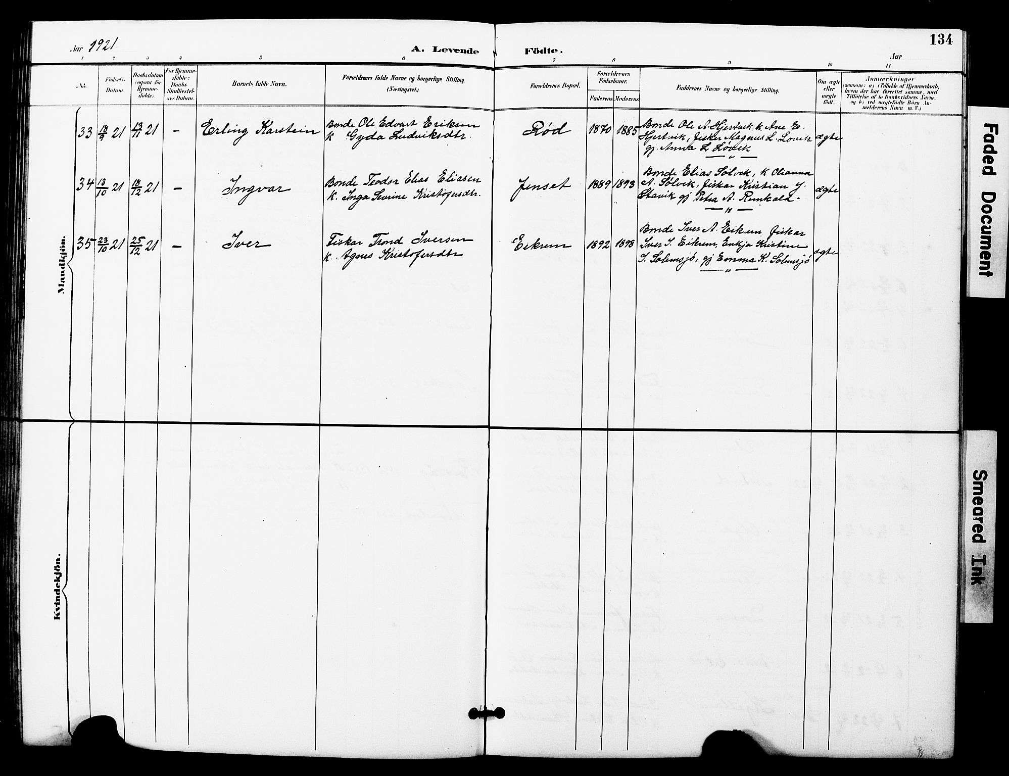 Ministerialprotokoller, klokkerbøker og fødselsregistre - Møre og Romsdal, SAT/A-1454/560/L0725: Parish register (copy) no. 560C02, 1895-1930, p. 134