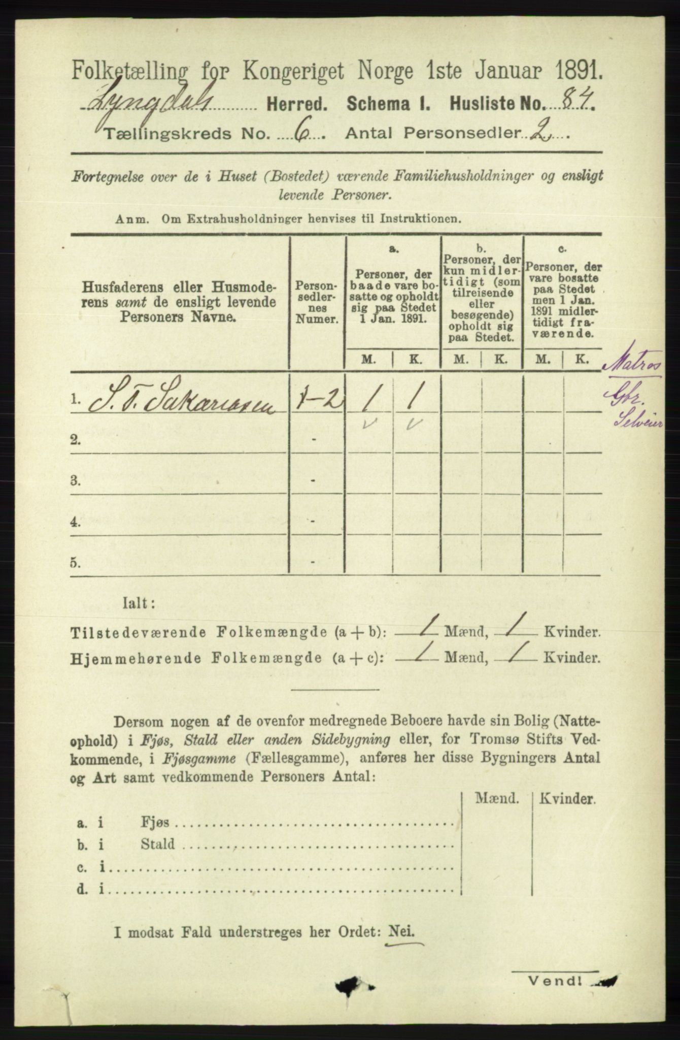 RA, 1891 census for 1032 Lyngdal, 1891, p. 2459