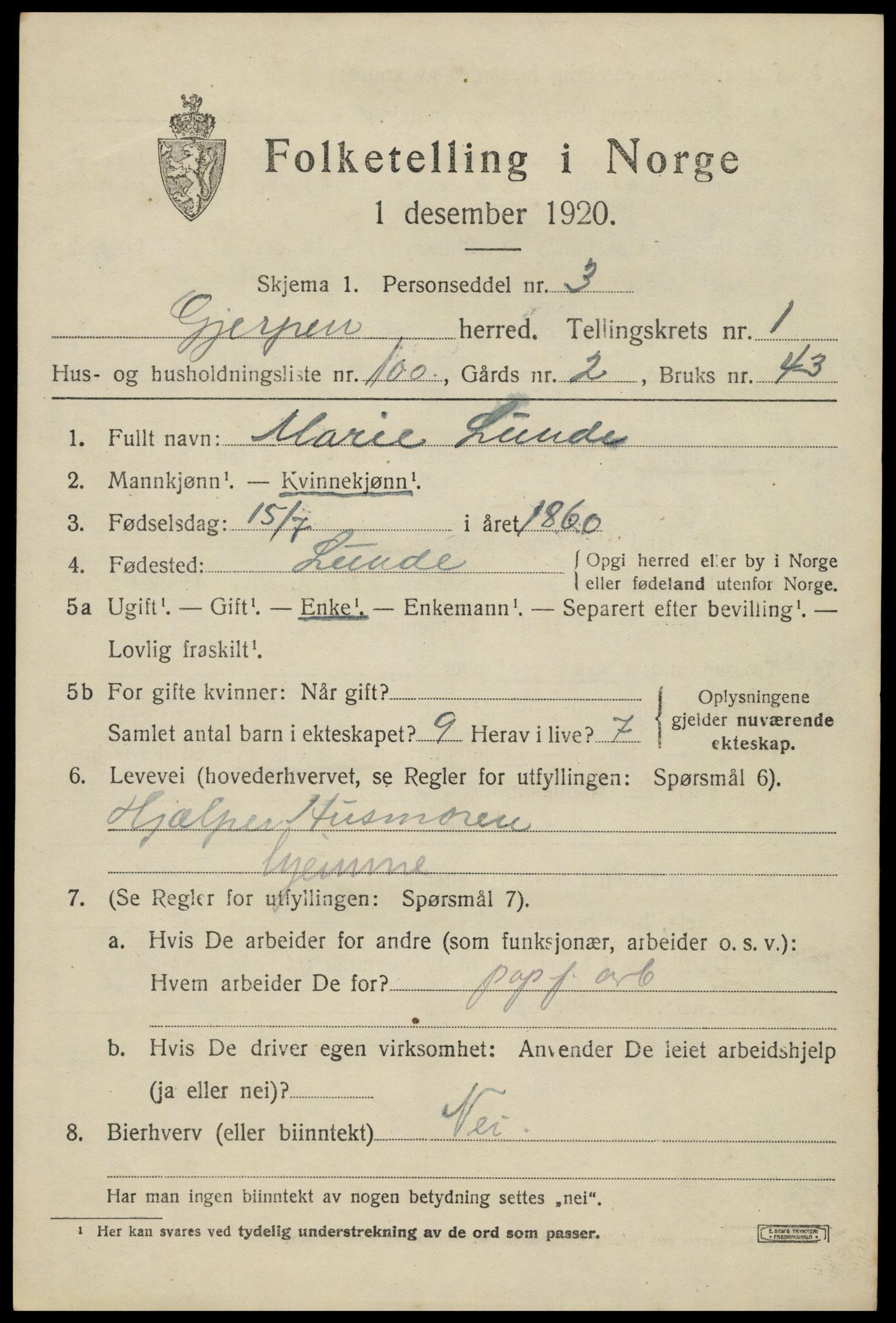 SAKO, 1920 census for Gjerpen, 1920, p. 4014