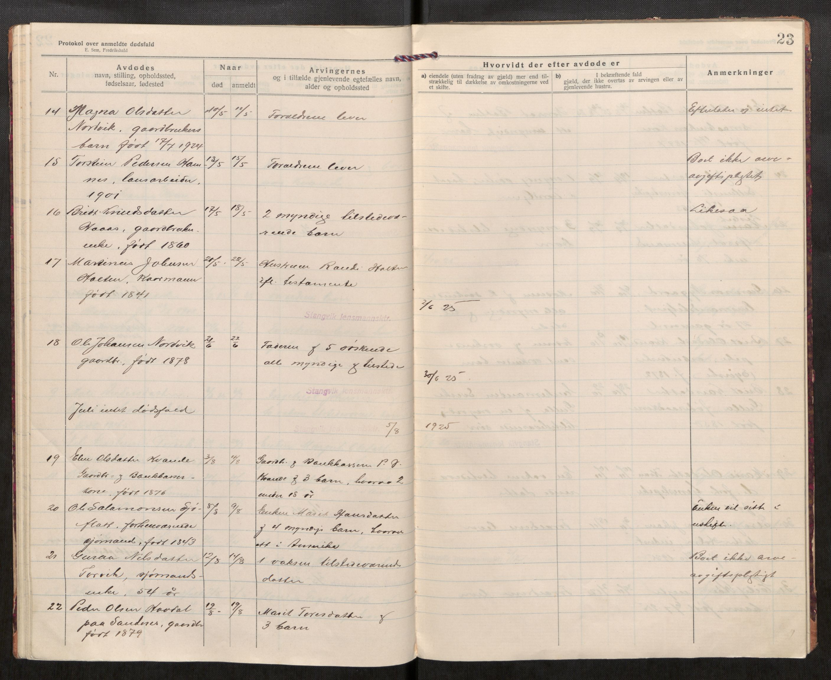 Stangvik lensmannskontor, AV/SAT-A-6440/Ga/L0002: Dødsfallsprotokoll, 1921-1931, p. 23