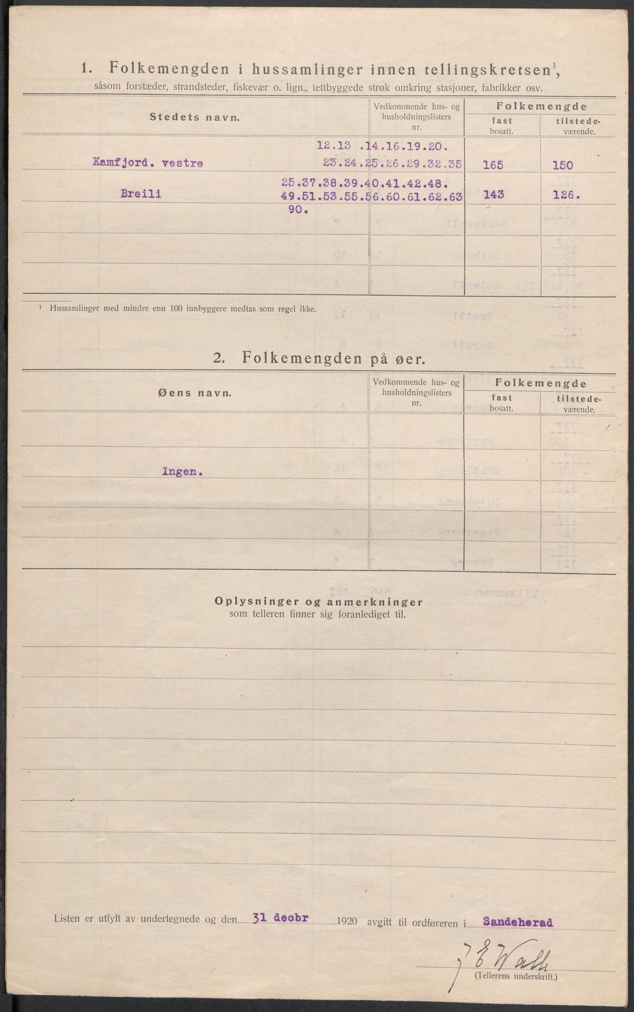 SAKO, 1920 census for Sandeherred, 1920, p. 62