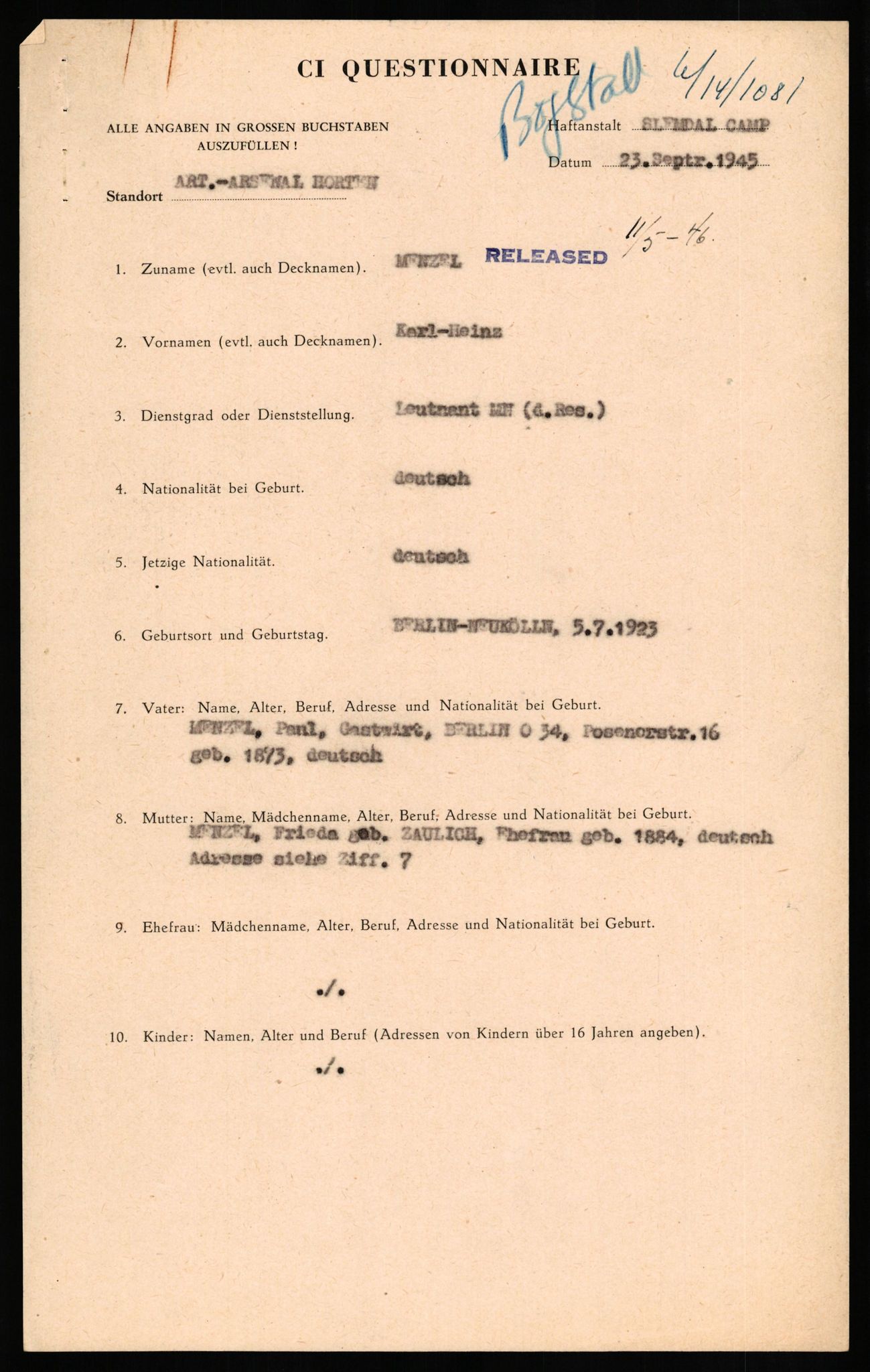 Forsvaret, Forsvarets overkommando II, RA/RAFA-3915/D/Db/L0021: CI Questionaires. Tyske okkupasjonsstyrker i Norge. Tyskere., 1945-1946, p. 378