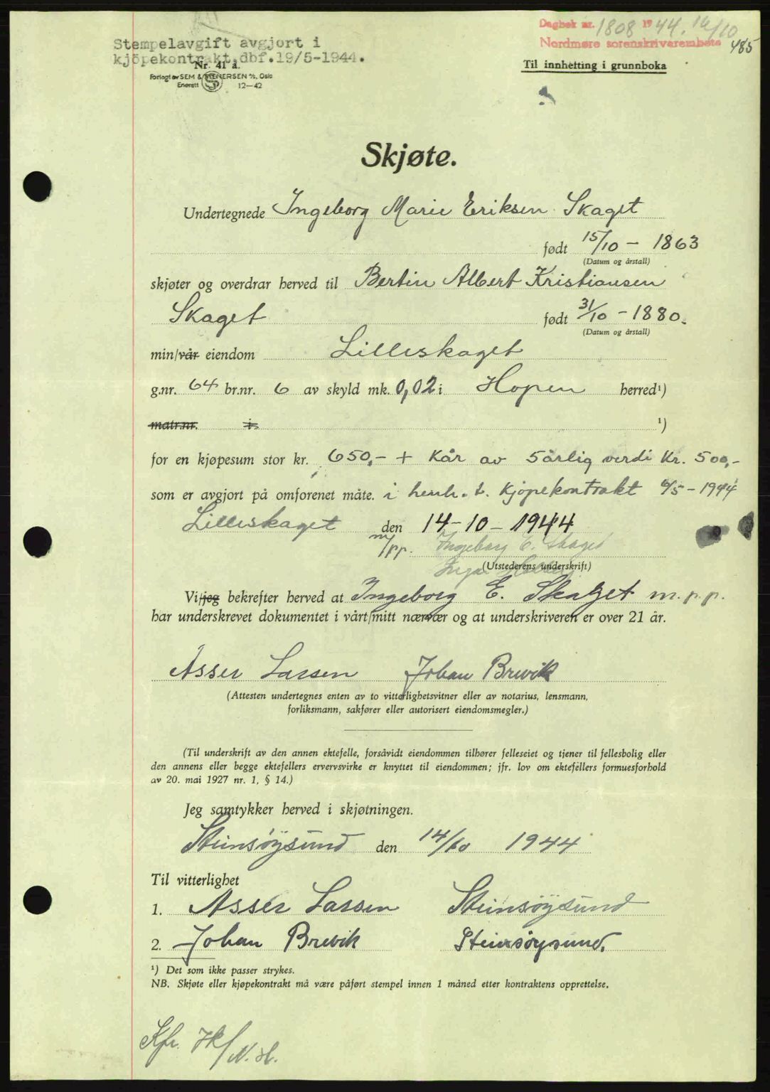 Nordmøre sorenskriveri, AV/SAT-A-4132/1/2/2Ca: Mortgage book no. A98, 1944-1944, Diary no: : 1808/1944