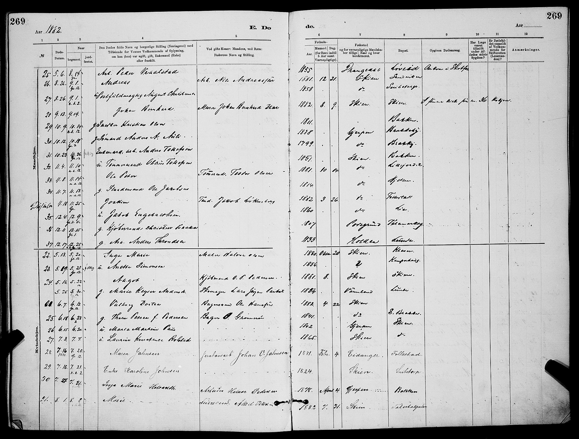 Skien kirkebøker, AV/SAKO-A-302/G/Ga/L0006: Parish register (copy) no. 6, 1881-1890, p. 269