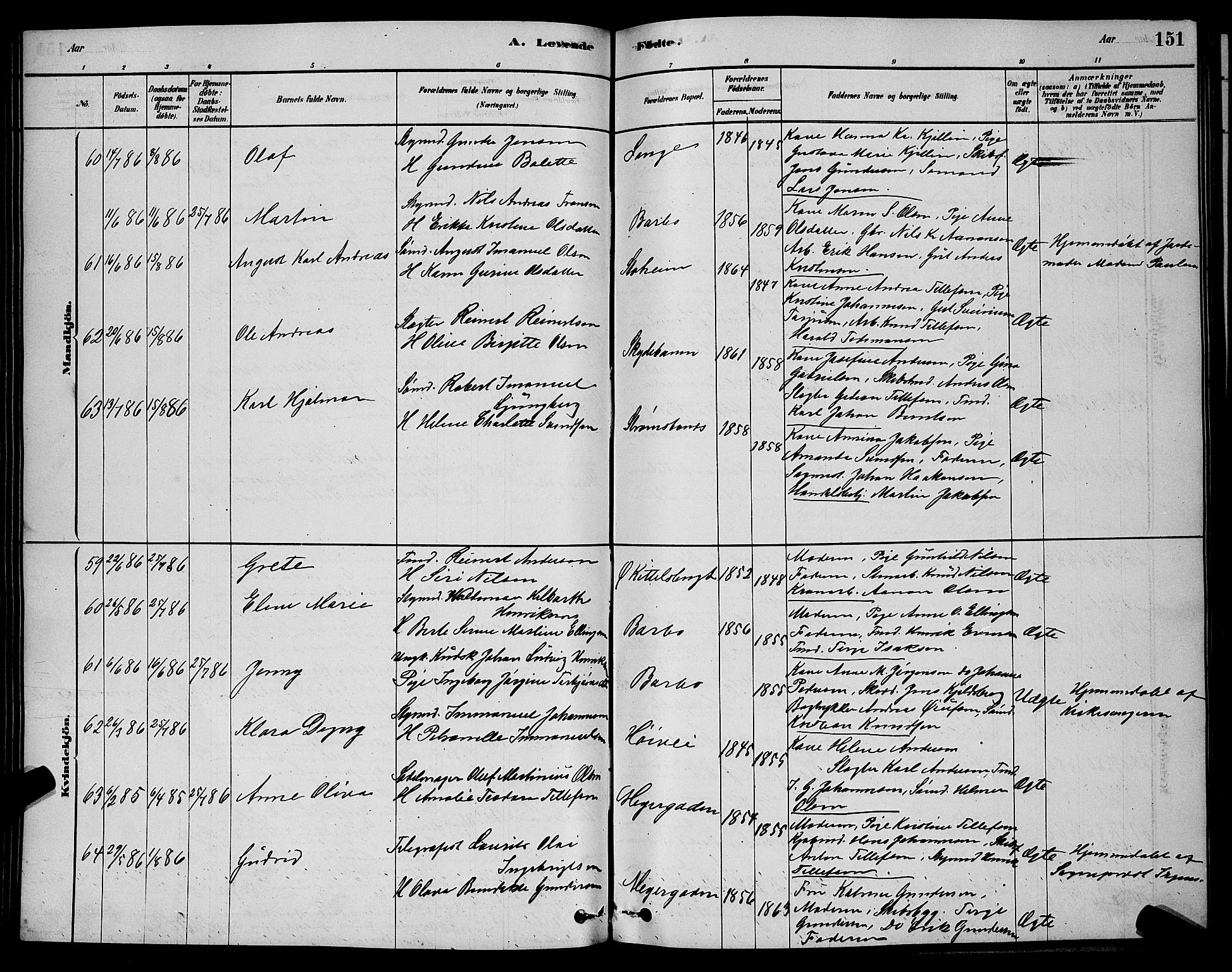 Barbu sokneprestkontor, AV/SAK-1111-0003/F/Fb/L0001: Parish register (copy) no. B 1, 1878-1890, p. 151