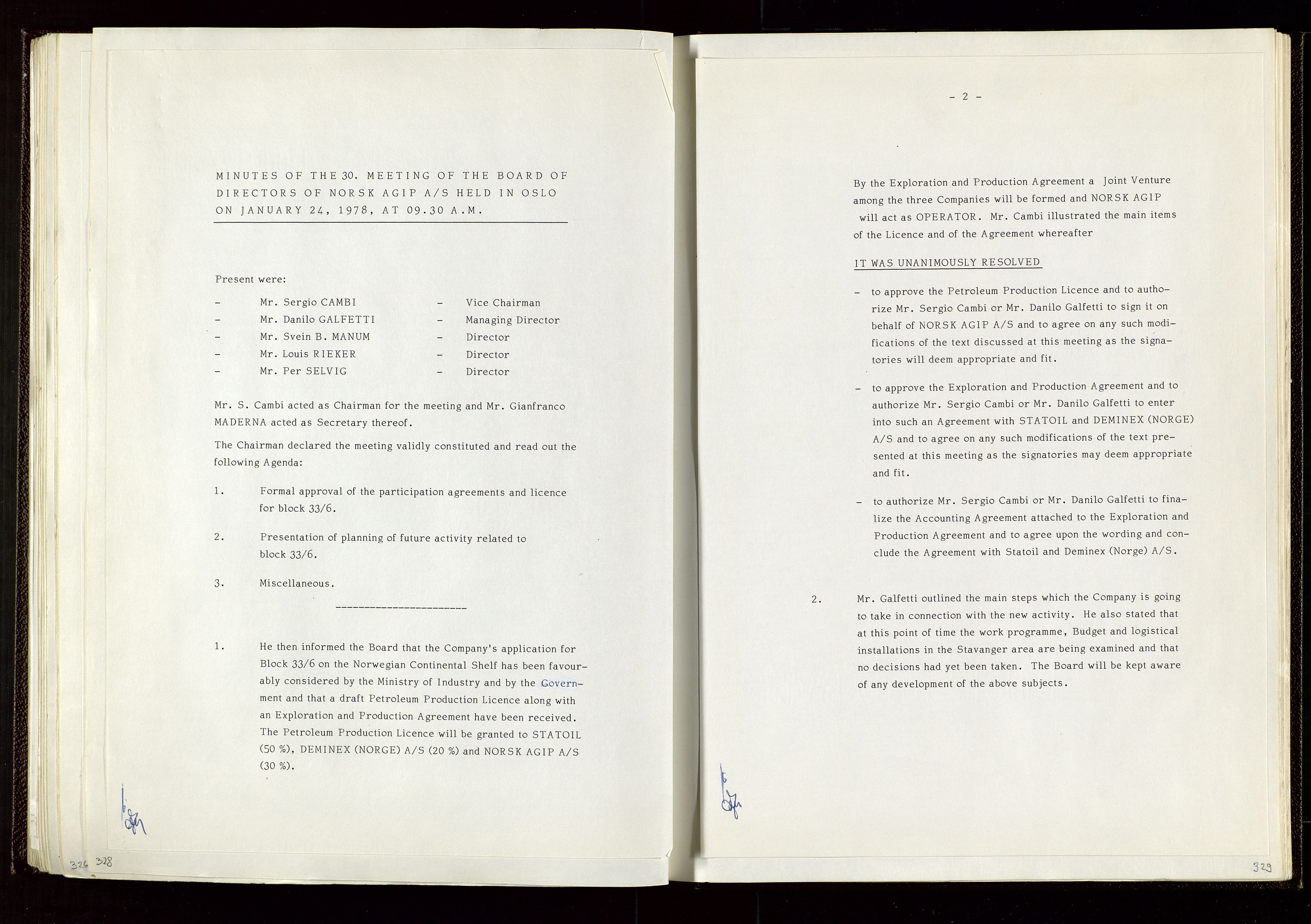 Pa 1583 - Norsk Agip AS, AV/SAST-A-102138/A/Aa/L0002: General assembly and Board of Directors meeting minutes, 1972-1979, p. 328-329