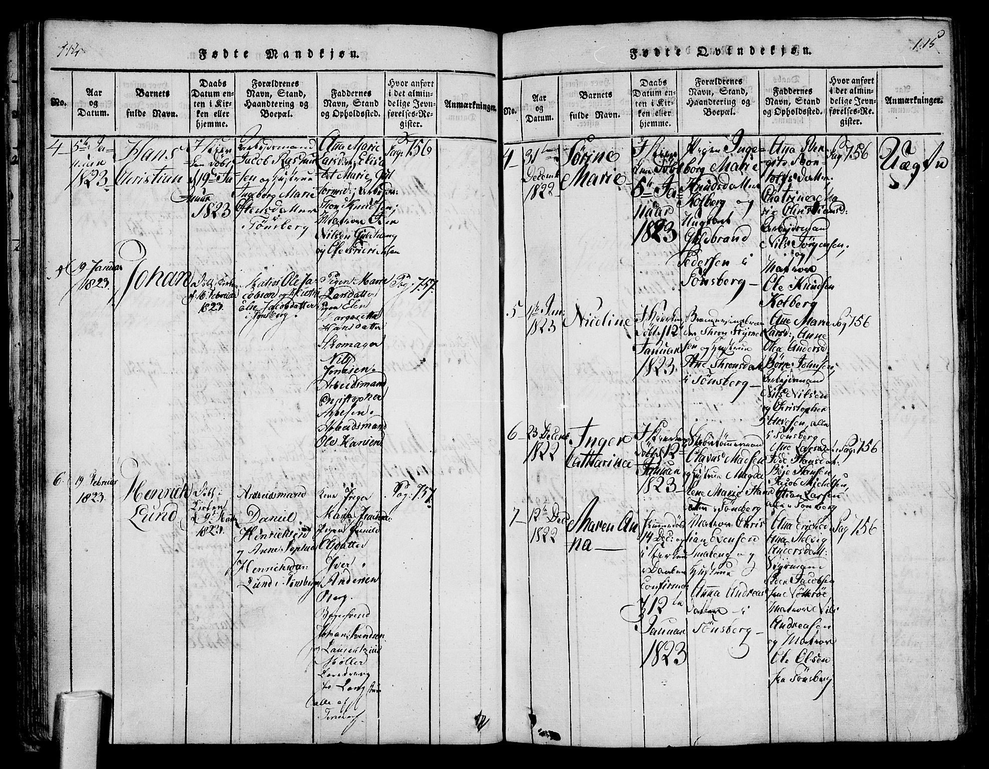 Tønsberg kirkebøker, AV/SAKO-A-330/F/Fa/L0004: Parish register (official) no. I 4, 1813-1826, p. 114-115