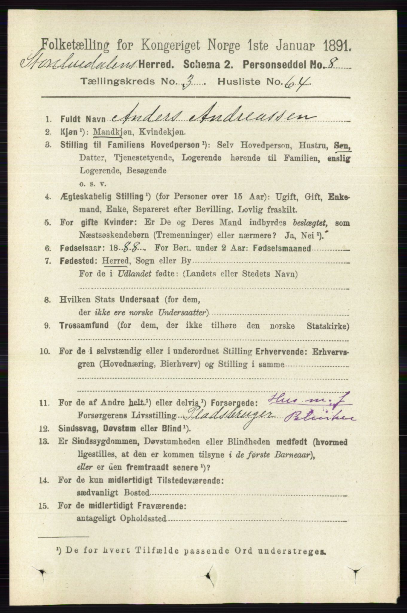 RA, 1891 census for 0430 Stor-Elvdal, 1891, p. 1298