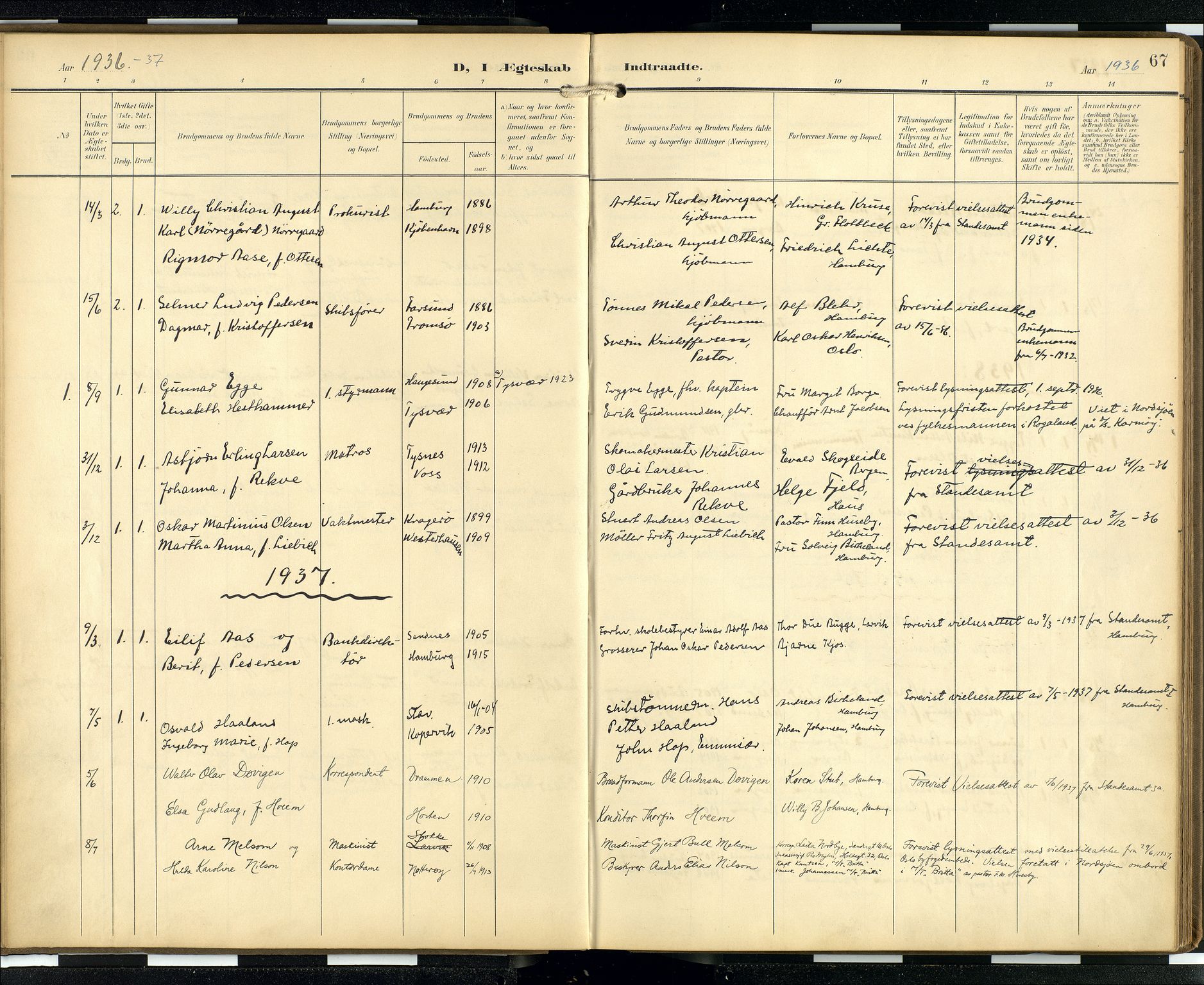 Den norske sjømannsmisjon i utlandet/Hamburg, AV/SAB-SAB/PA-0107/H/Ha/L0001: Parish register (official) no. A 1, 1907-1951, p. 66b-67a