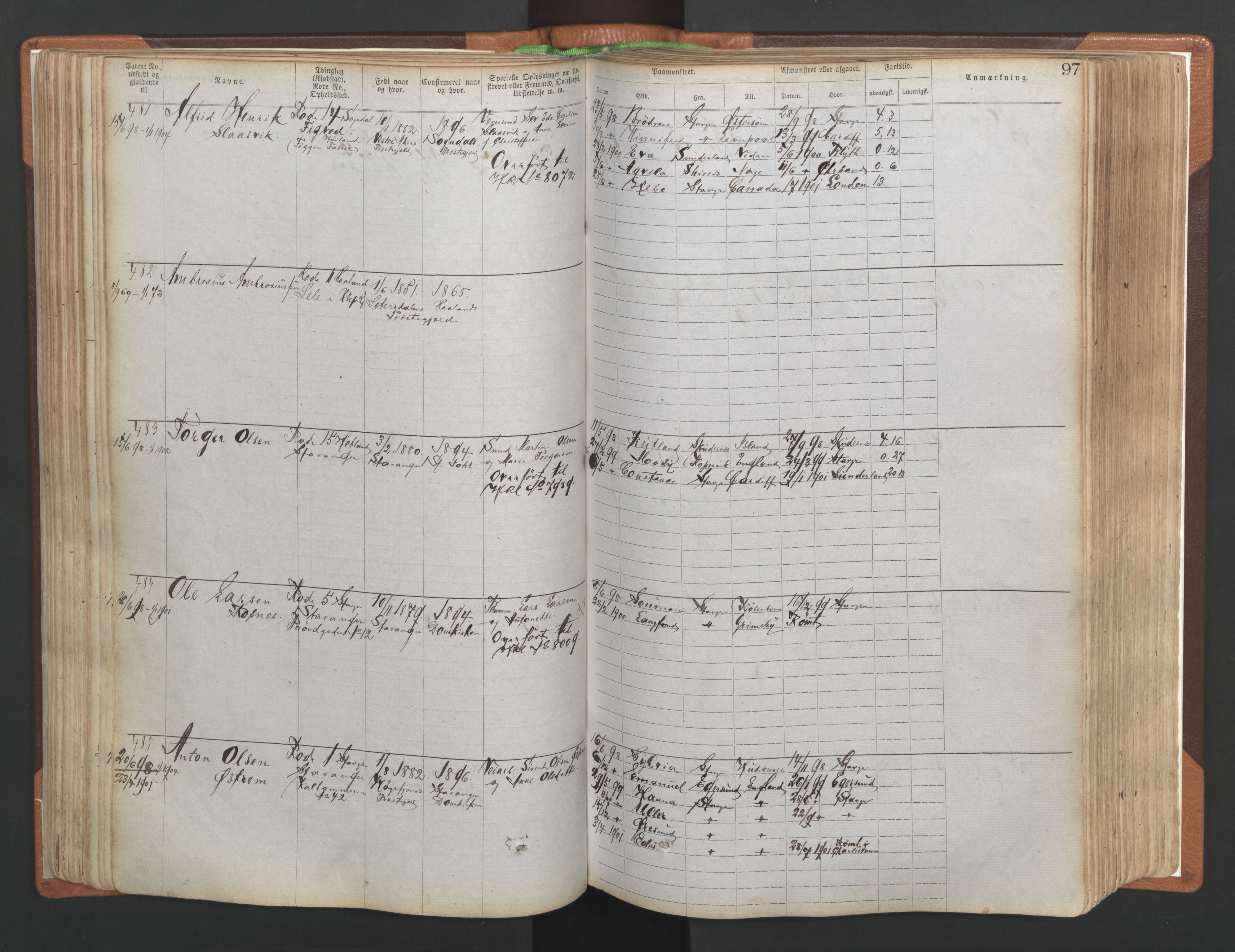 Stavanger sjømannskontor, AV/SAST-A-102006/F/Ff/L0004: Annotasjonsrulle No. 1, patentnr. 1-1785 (del 1), 1869-1900, p. 100