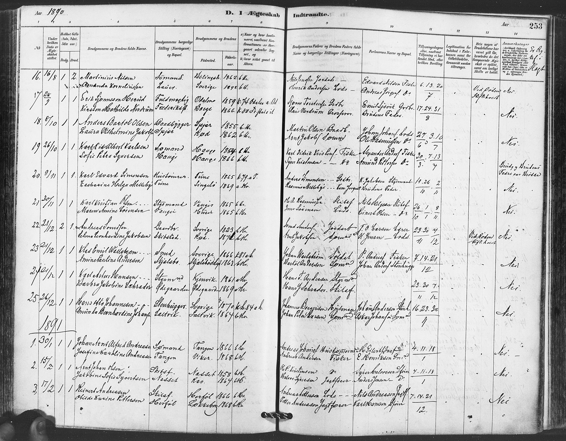 Hvaler prestekontor Kirkebøker, SAO/A-2001/F/Fa/L0008: Parish register (official) no. I 8, 1878-1895, p. 253