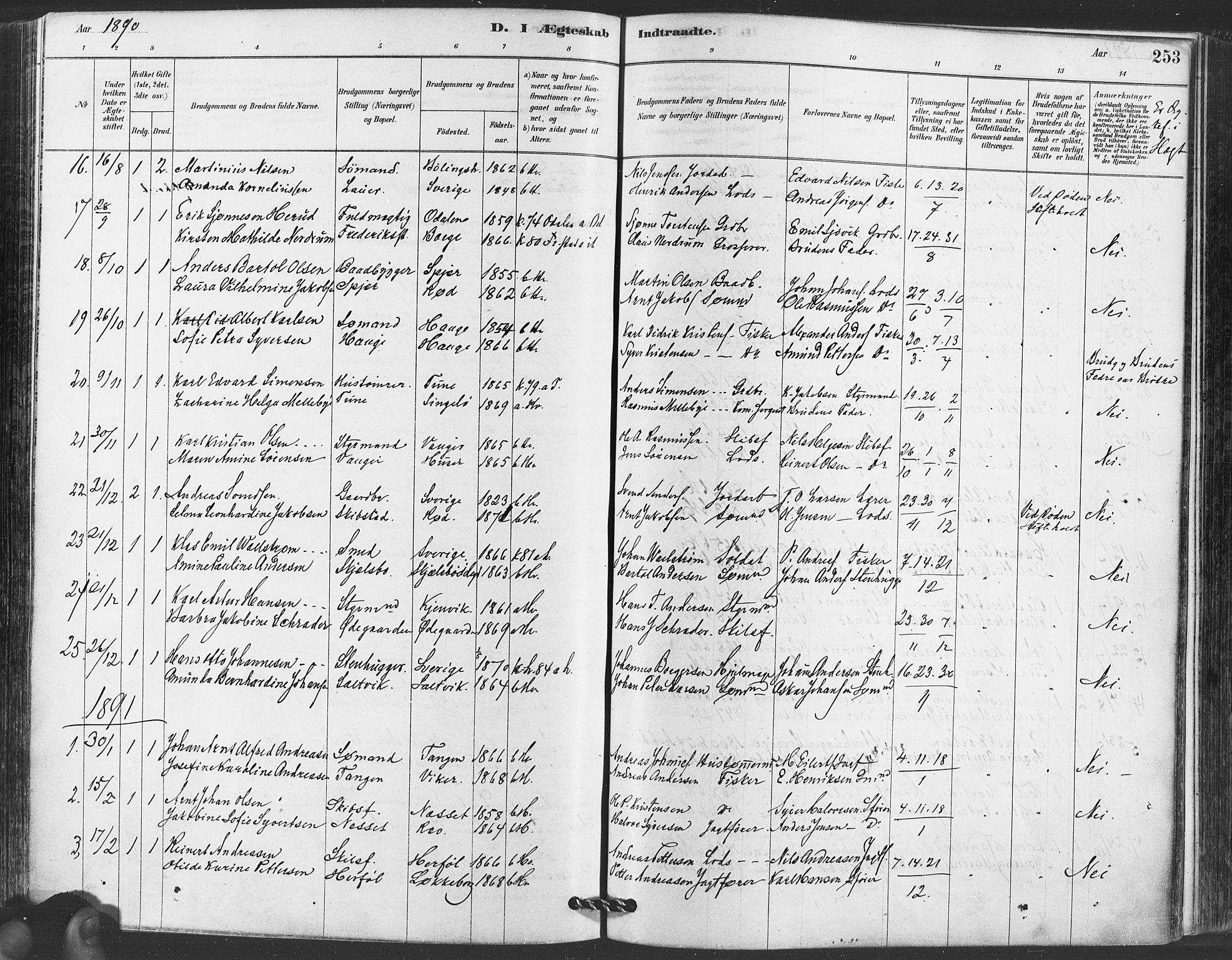 Hvaler prestekontor Kirkebøker, AV/SAO-A-2001/F/Fa/L0008: Parish register (official) no. I 8, 1878-1895, p. 253