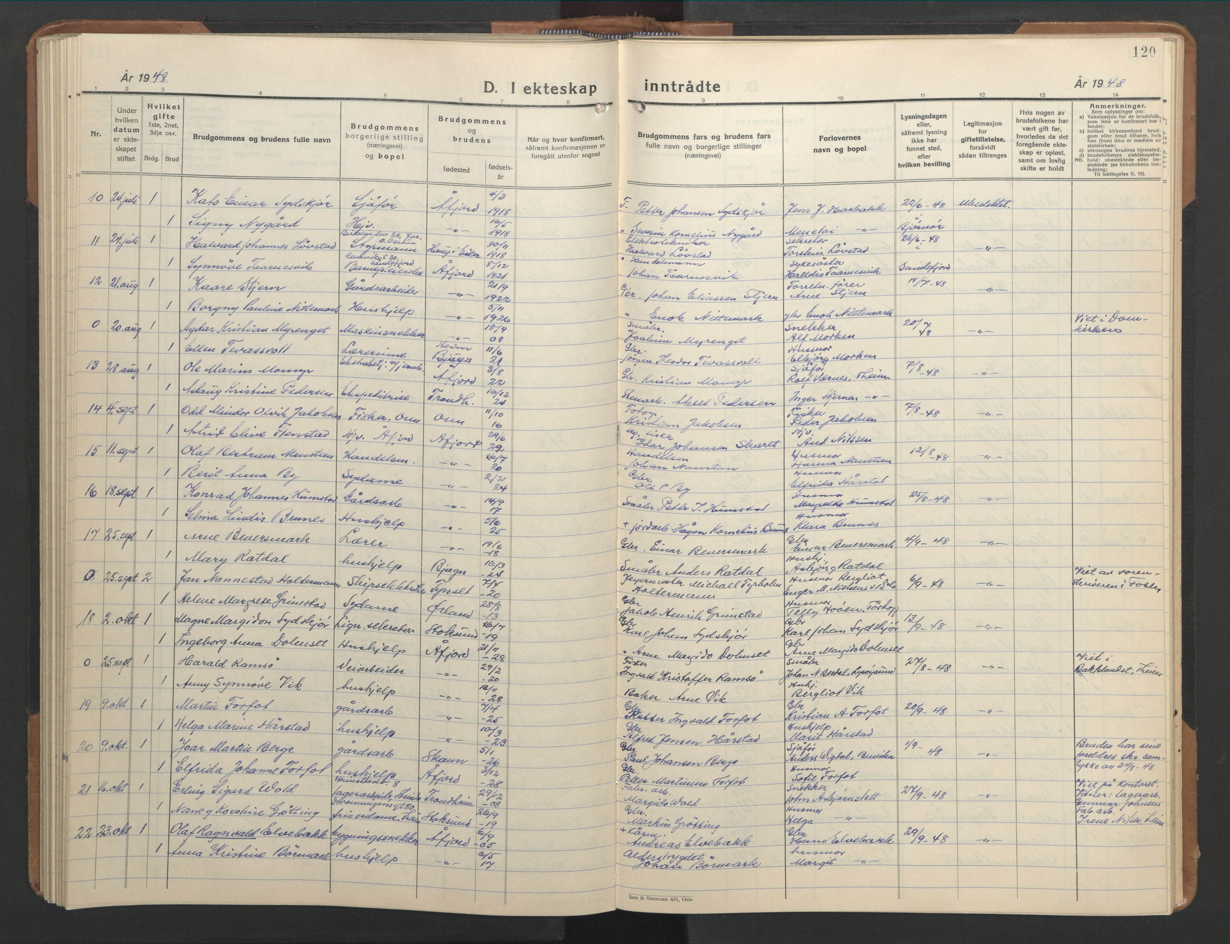 Ministerialprotokoller, klokkerbøker og fødselsregistre - Sør-Trøndelag, SAT/A-1456/655/L0690: Parish register (copy) no. 655C06, 1937-1950, p. 120