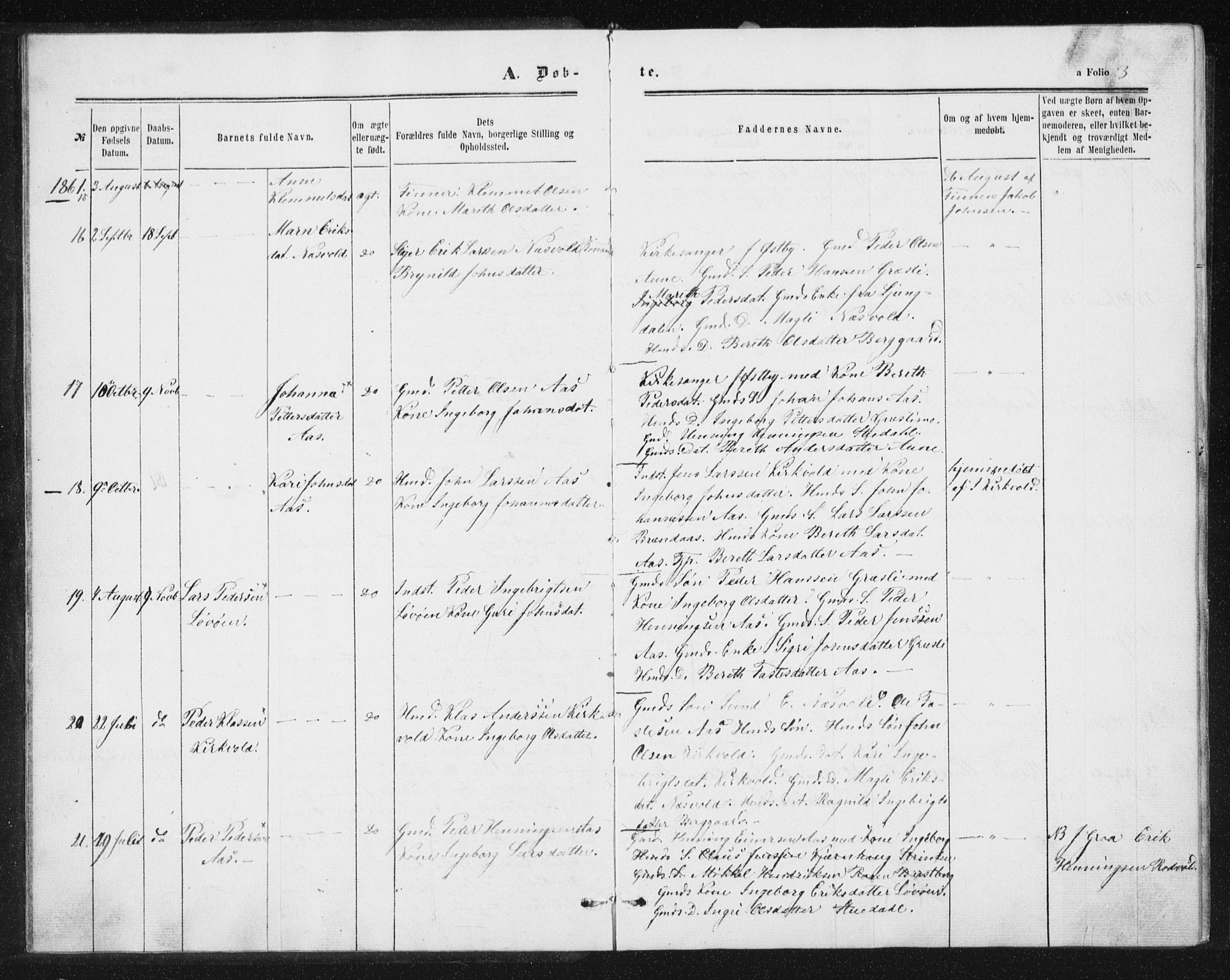 Ministerialprotokoller, klokkerbøker og fødselsregistre - Sør-Trøndelag, AV/SAT-A-1456/698/L1166: Parish register (copy) no. 698C03, 1861-1887, p. 3