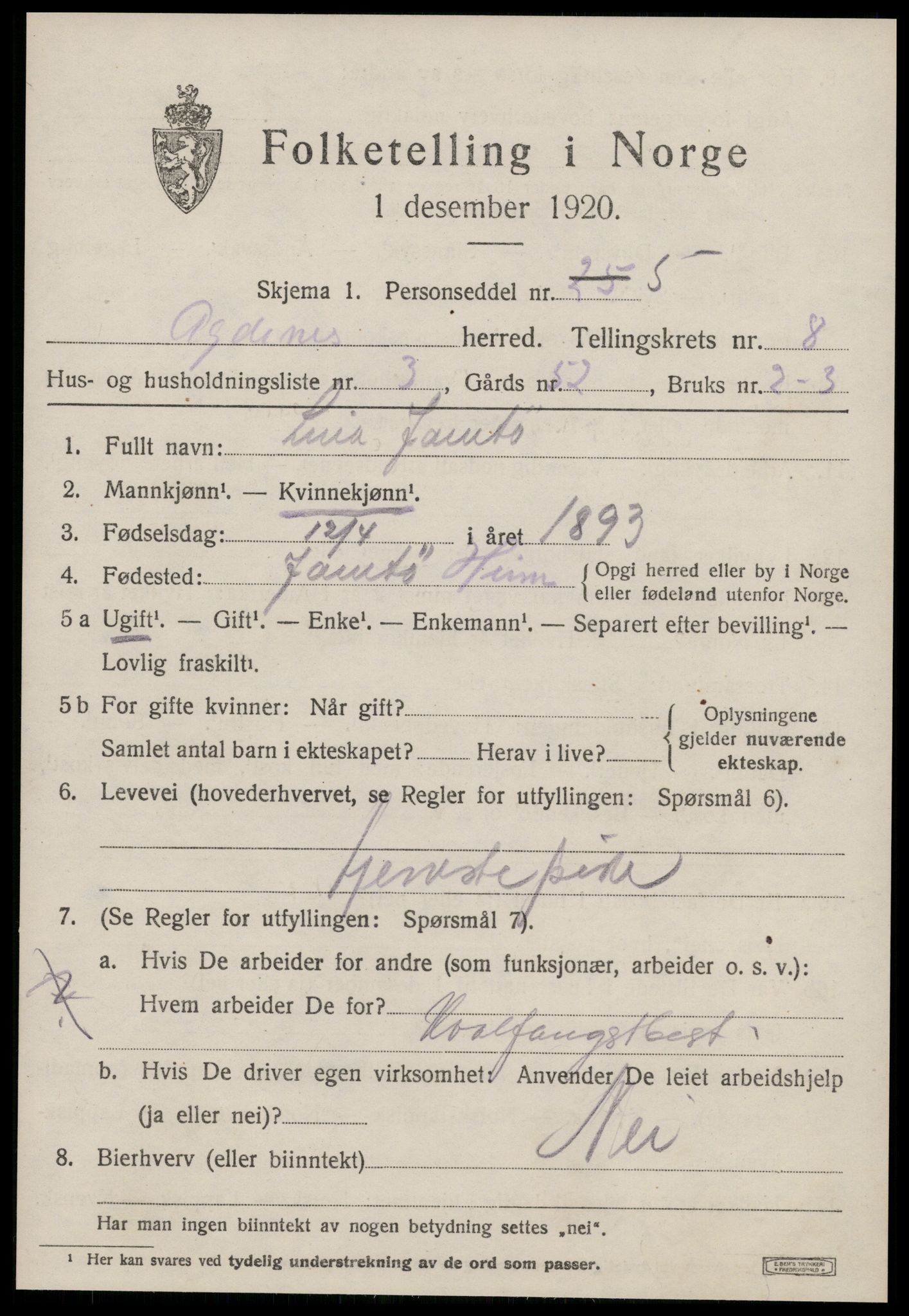 SAT, 1920 census for Agdenes, 1920, p. 2947