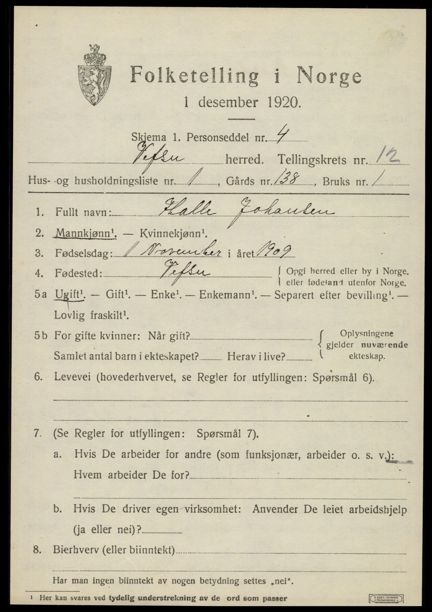 SAT, 1920 census for Vefsn, 1920, p. 9457