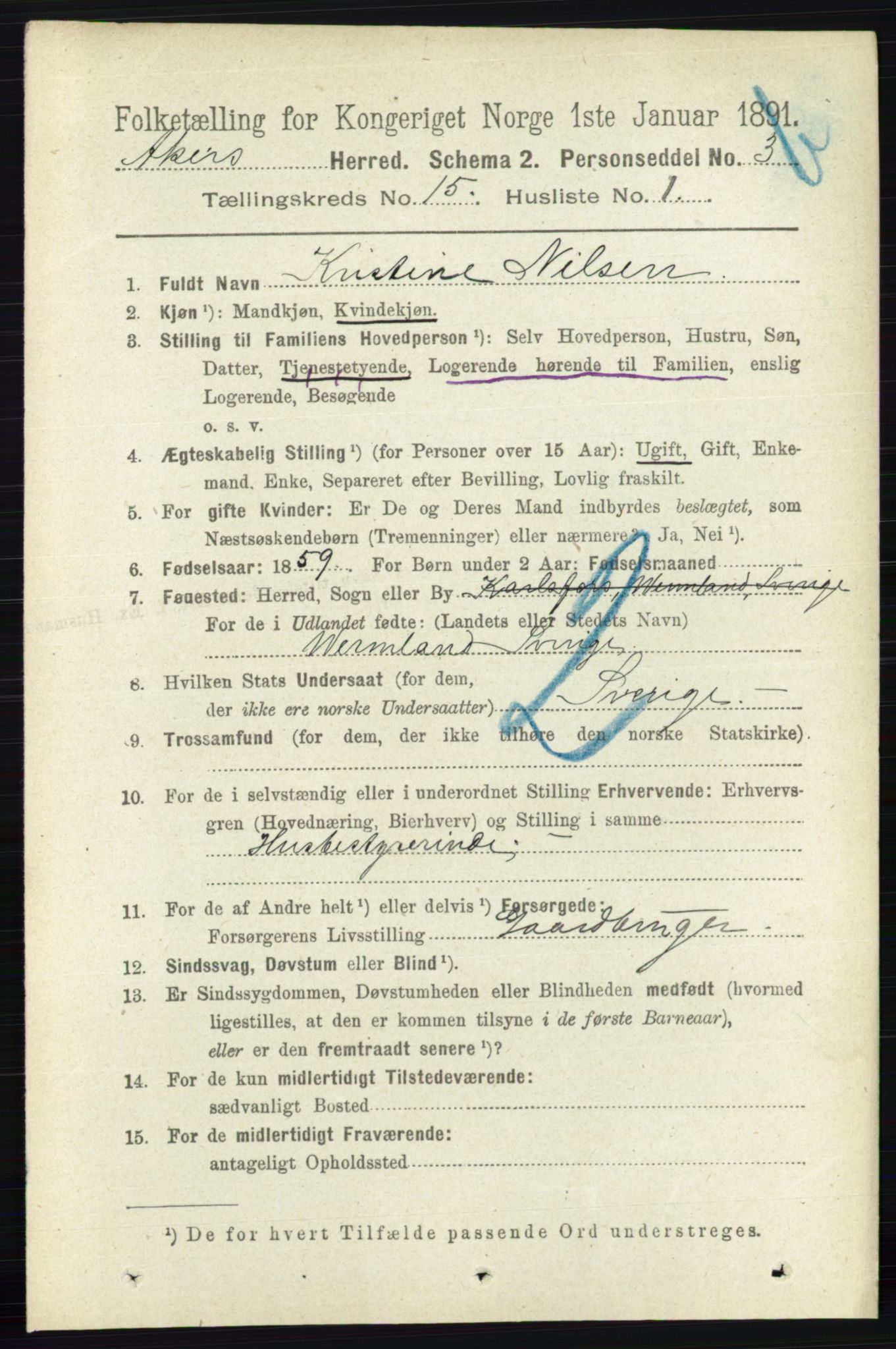 RA, 1891 census for 0218 Aker, 1891, p. 13325