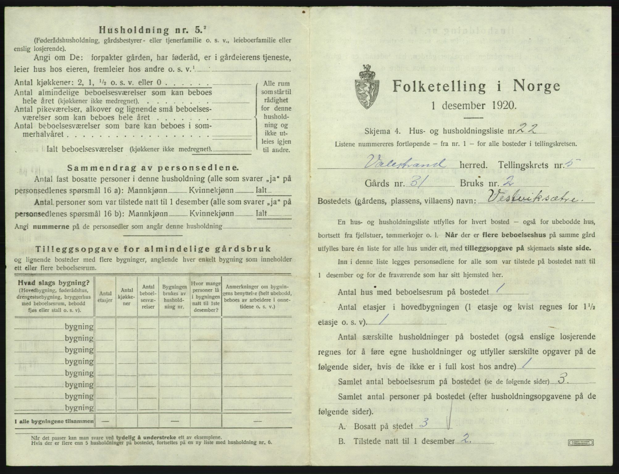 SAB, 1920 census for Valestrand, 1920, p. 372