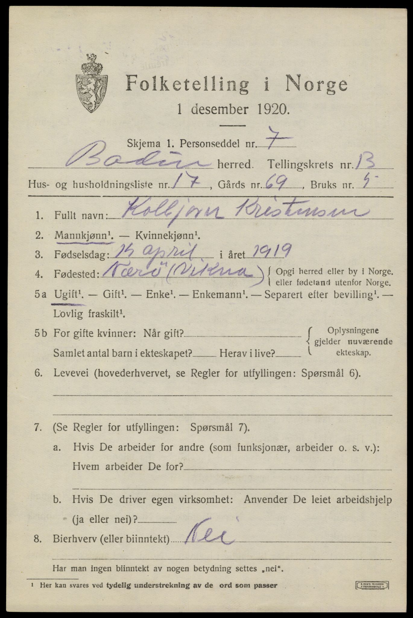 SAT, 1920 census for Bodin, 1920, p. 9530