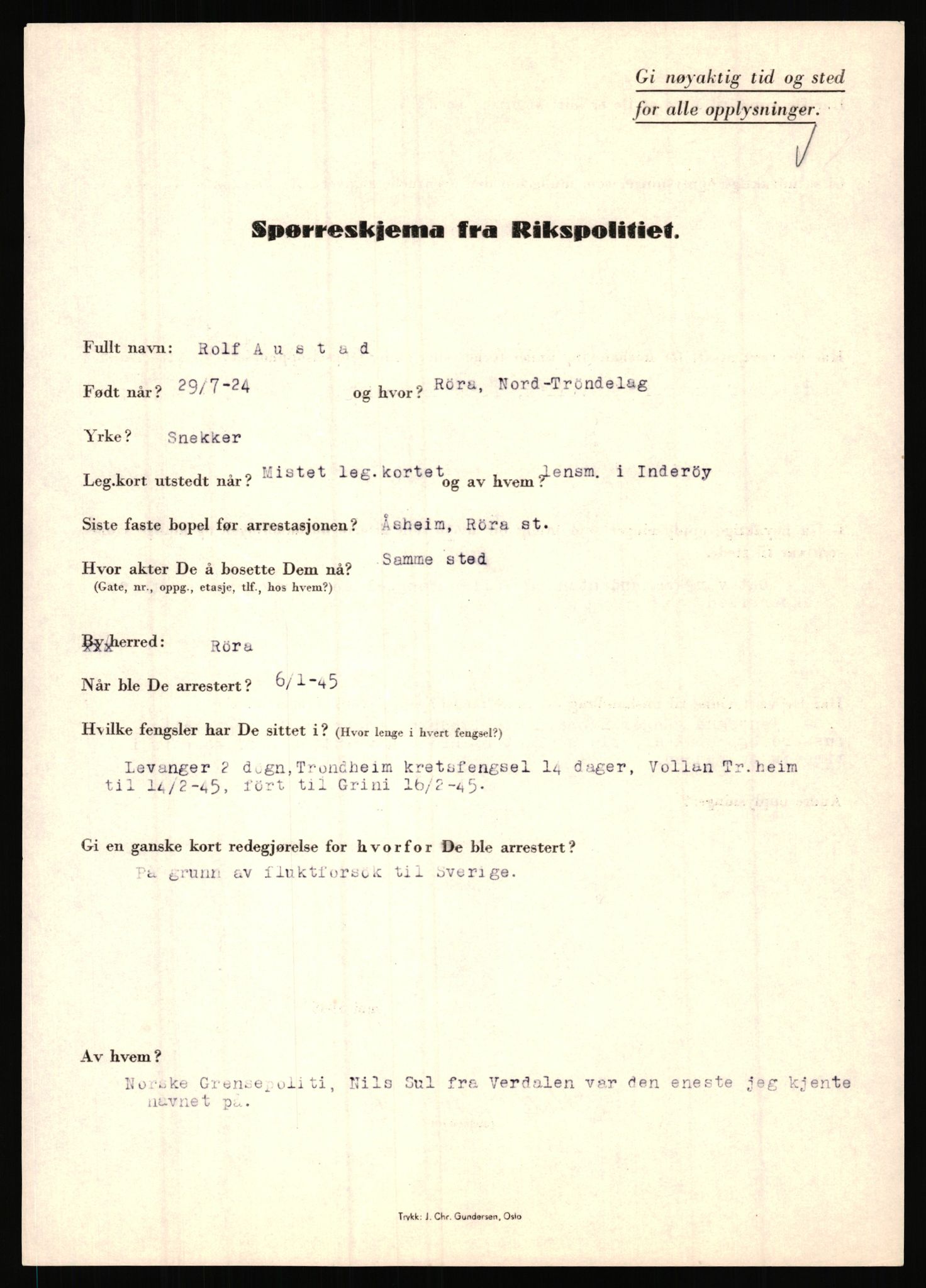 Rikspolitisjefen, AV/RA-S-1560/L/L0001: Abelseth, Rudolf - Berentsen, Odd, 1940-1945, p. 1037