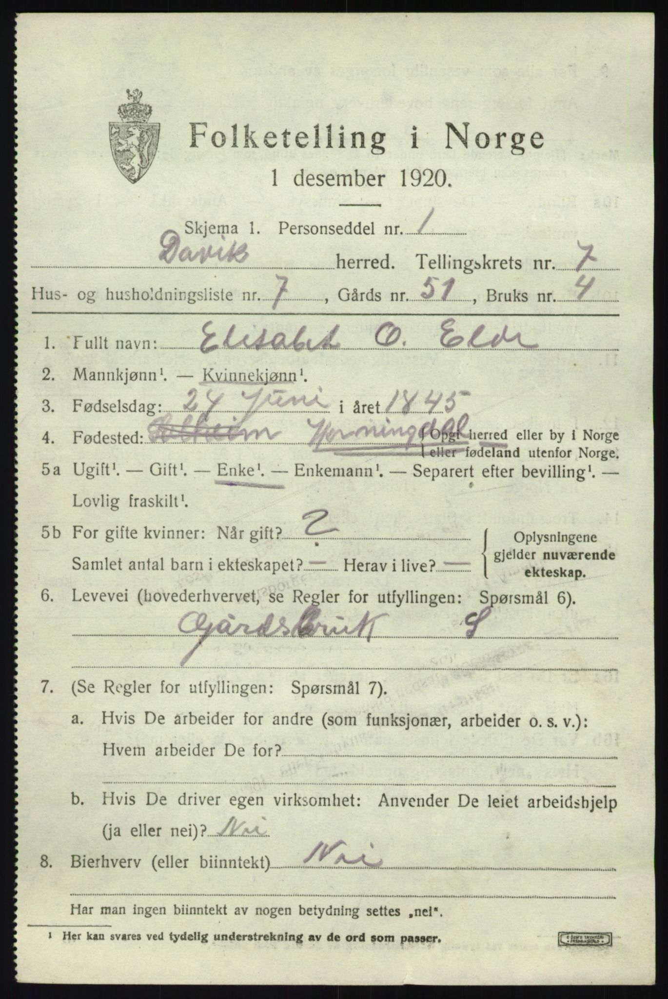 SAB, 1920 census for Davik, 1920, p. 4223