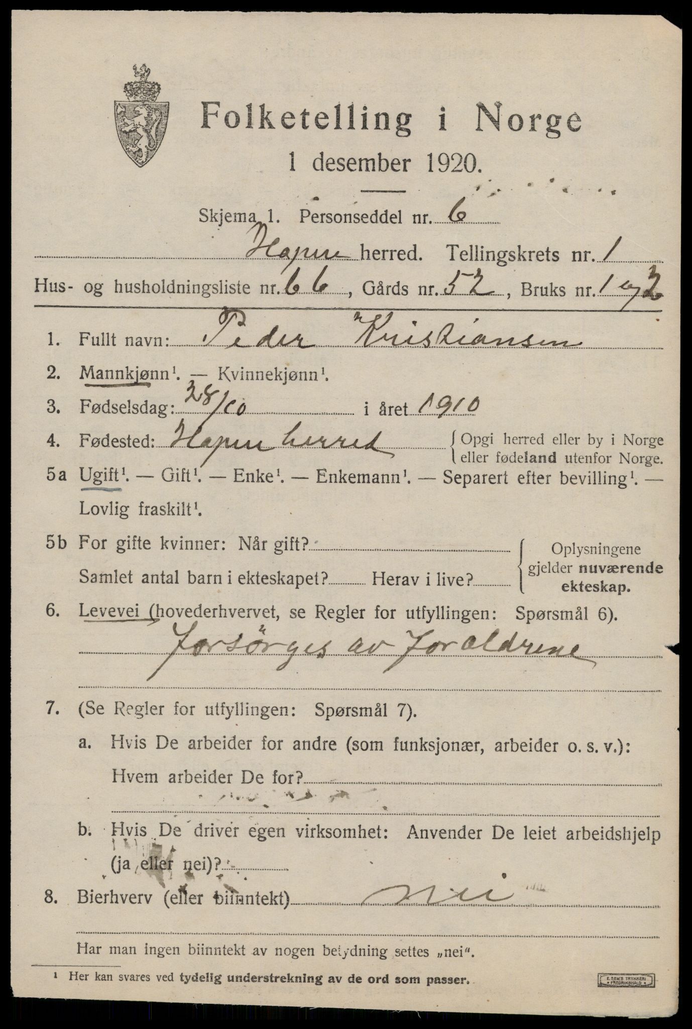 SAT, 1920 census for Hopen, 1920, p. 1268