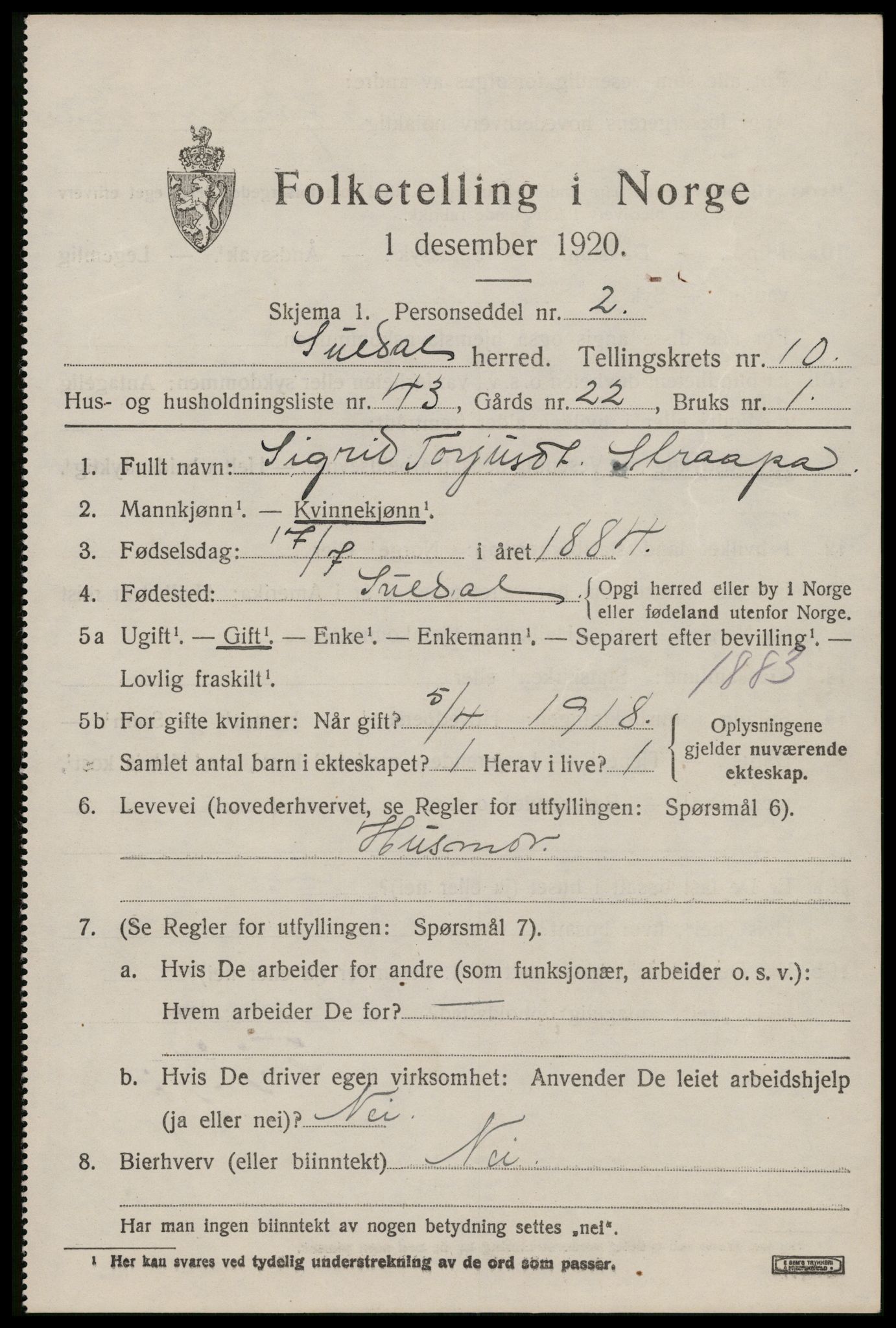 SAST, 1920 census for Suldal, 1920, p. 3228