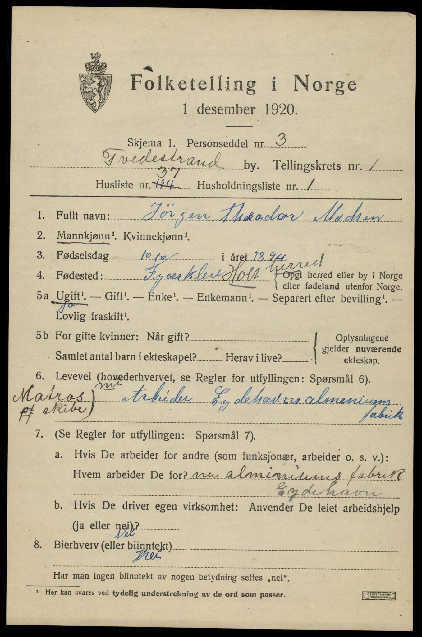 SAK, 1920 census for Tvedestrand, 1920, p. 1697