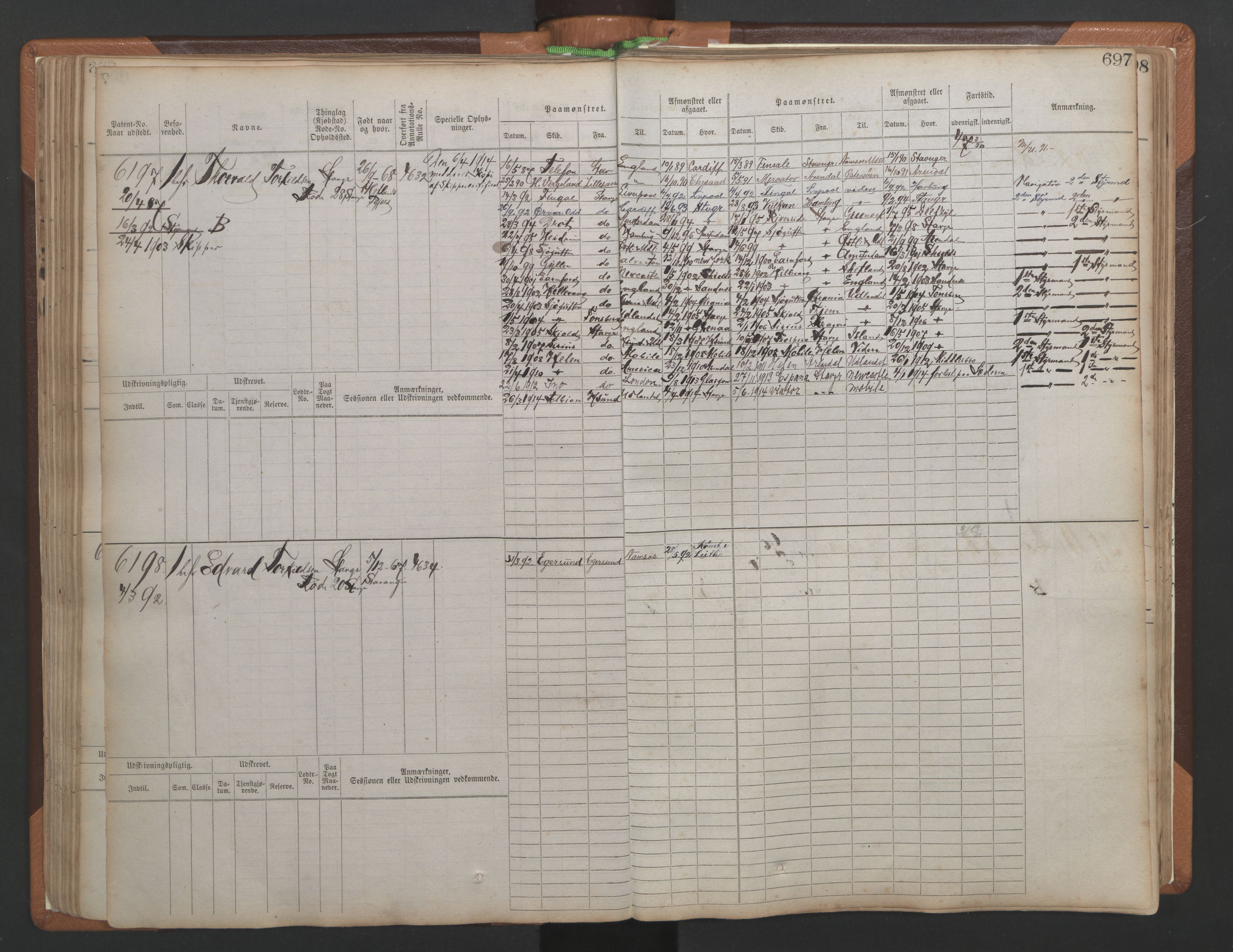 Stavanger sjømannskontor, AV/SAST-A-102006/F/Fb/Fbb/L0010: Sjøfartshovedrulle, patentnr. 6007-6606 (del 1), 1887-1896, p. 101