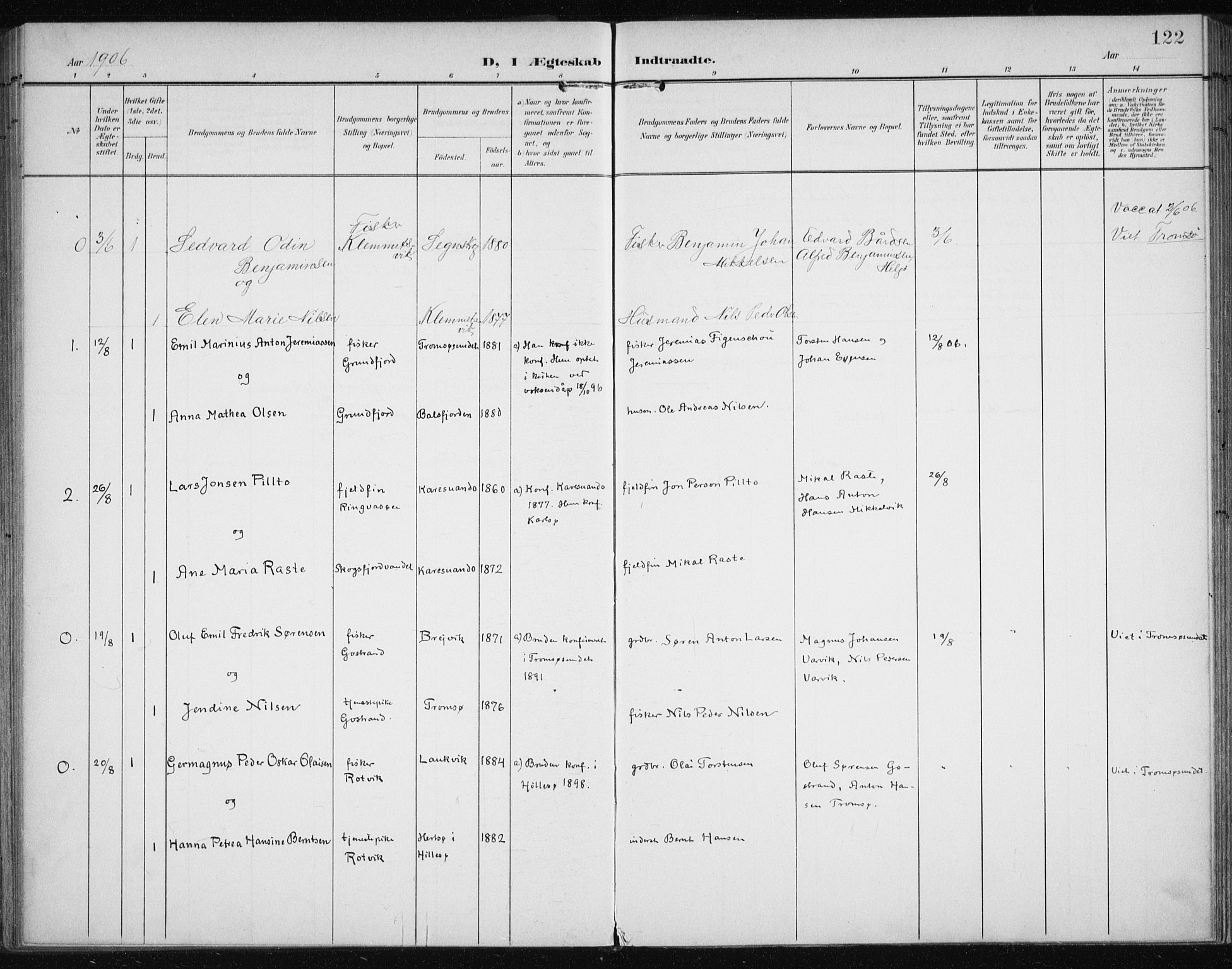 Karlsøy sokneprestembete, SATØ/S-1299/H/Ha/Haa/L0013kirke: Parish register (official) no. 13, 1902-1916, p. 122