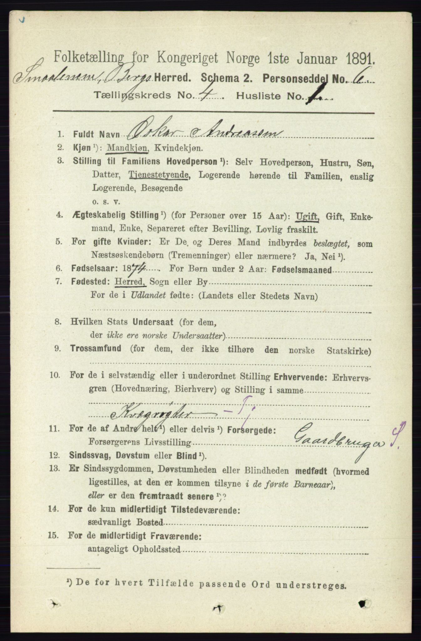 RA, 1891 census for 0116 Berg, 1891, p. 2818