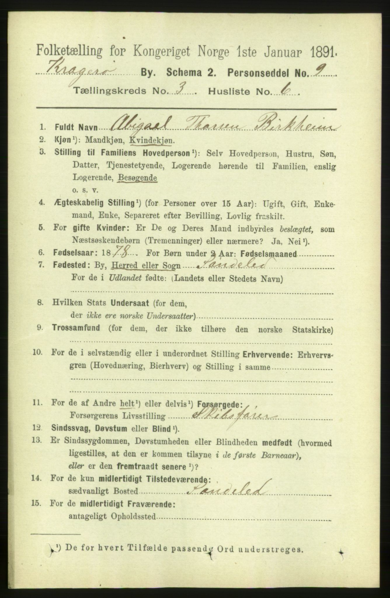 RA, 1891 census for 0801 Kragerø, 1891, p. 2712