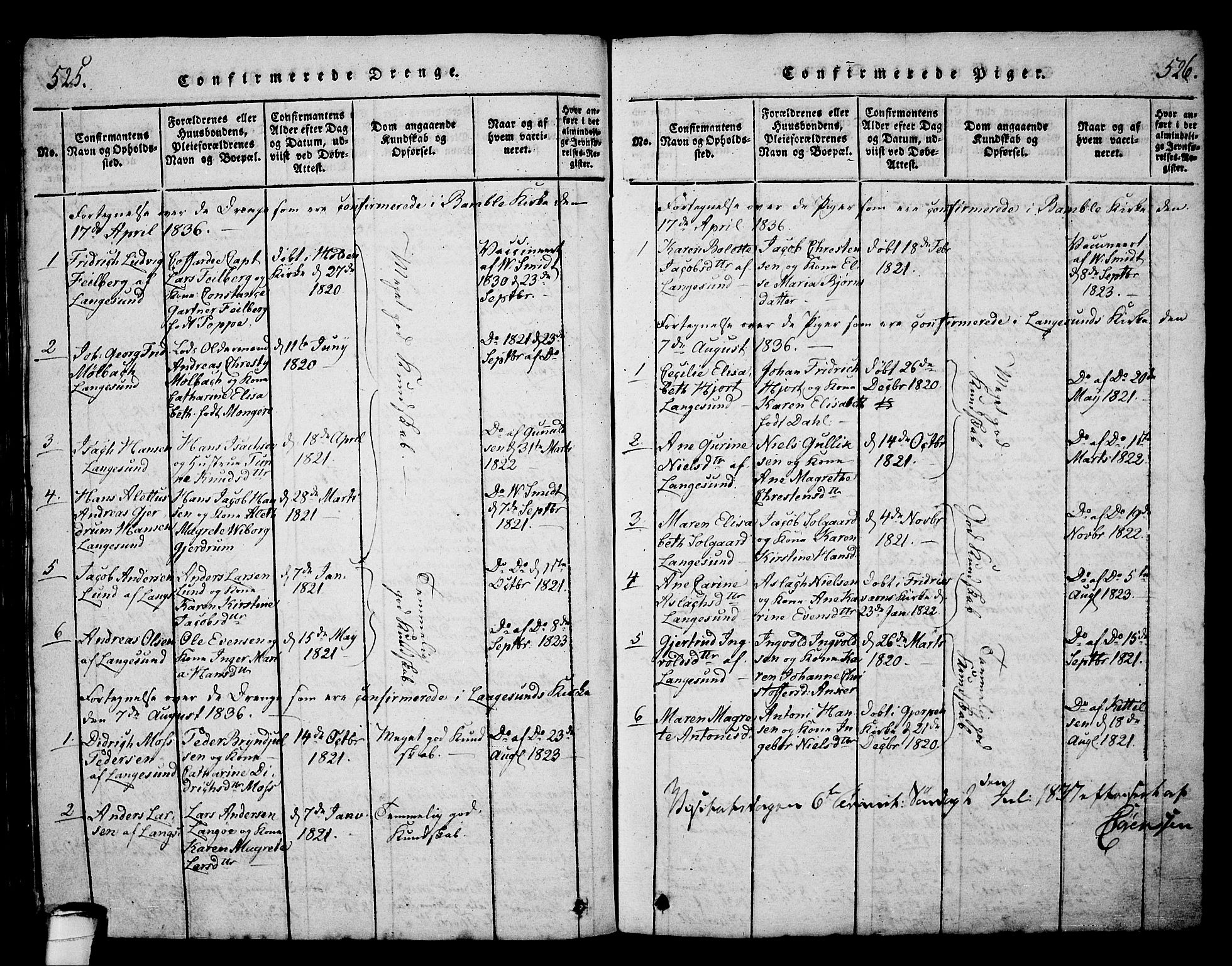 Langesund kirkebøker, SAKO/A-280/G/Ga/L0003: Parish register (copy) no. 3, 1815-1858, p. 525-526