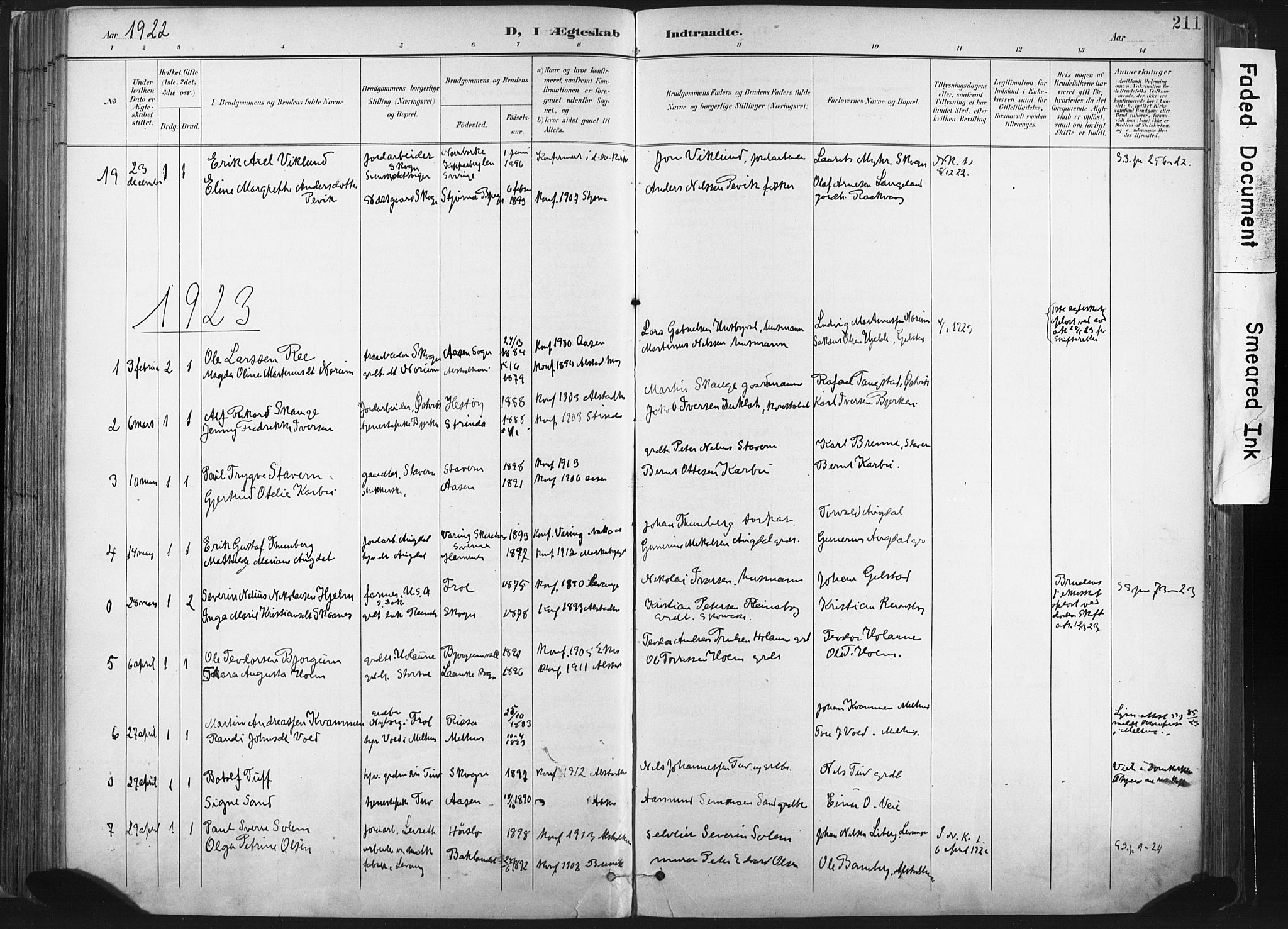 Ministerialprotokoller, klokkerbøker og fødselsregistre - Nord-Trøndelag, SAT/A-1458/717/L0162: Parish register (official) no. 717A12, 1898-1923, p. 211