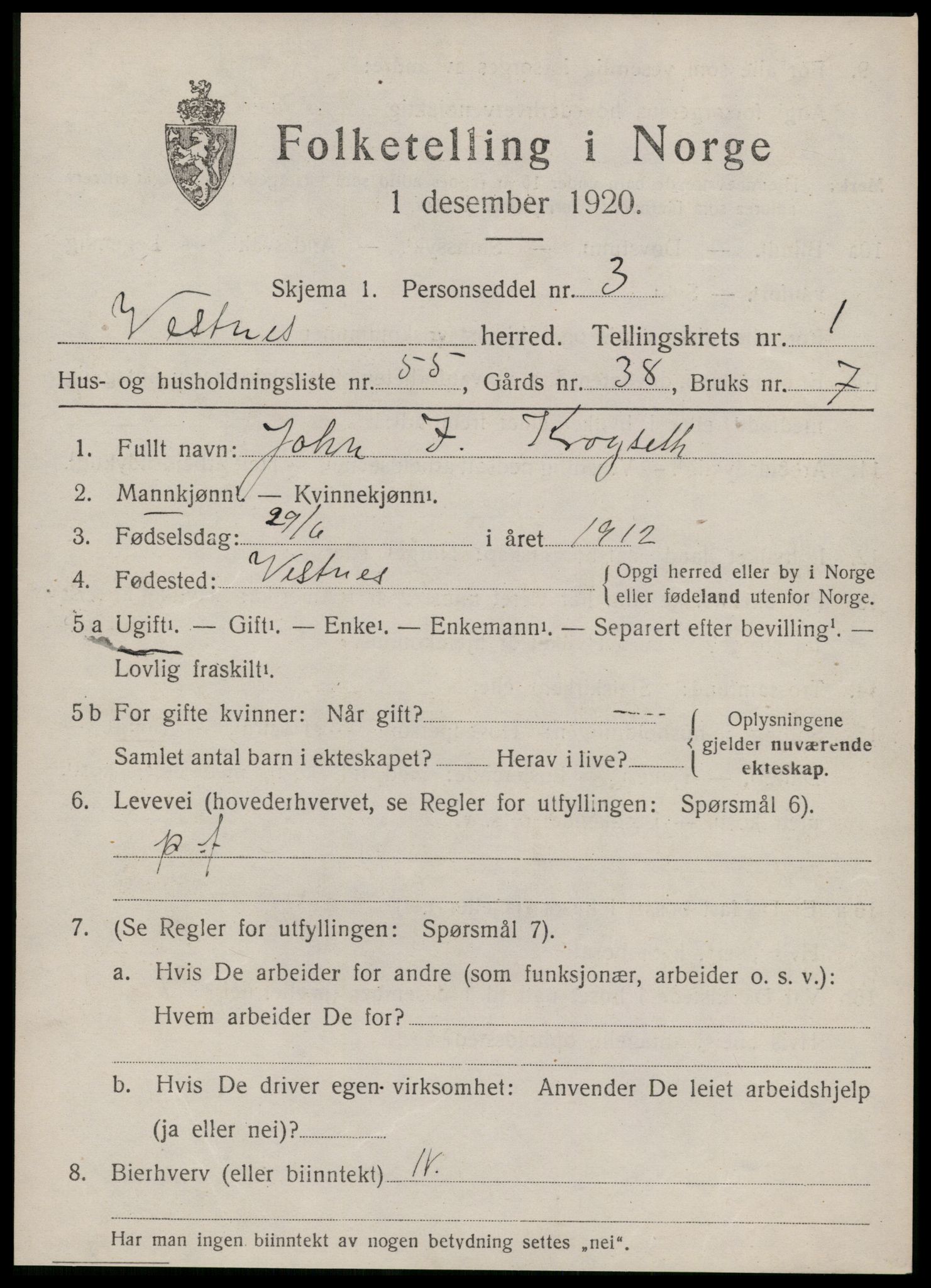 SAT, 1920 census for Vestnes, 1920, p. 1871