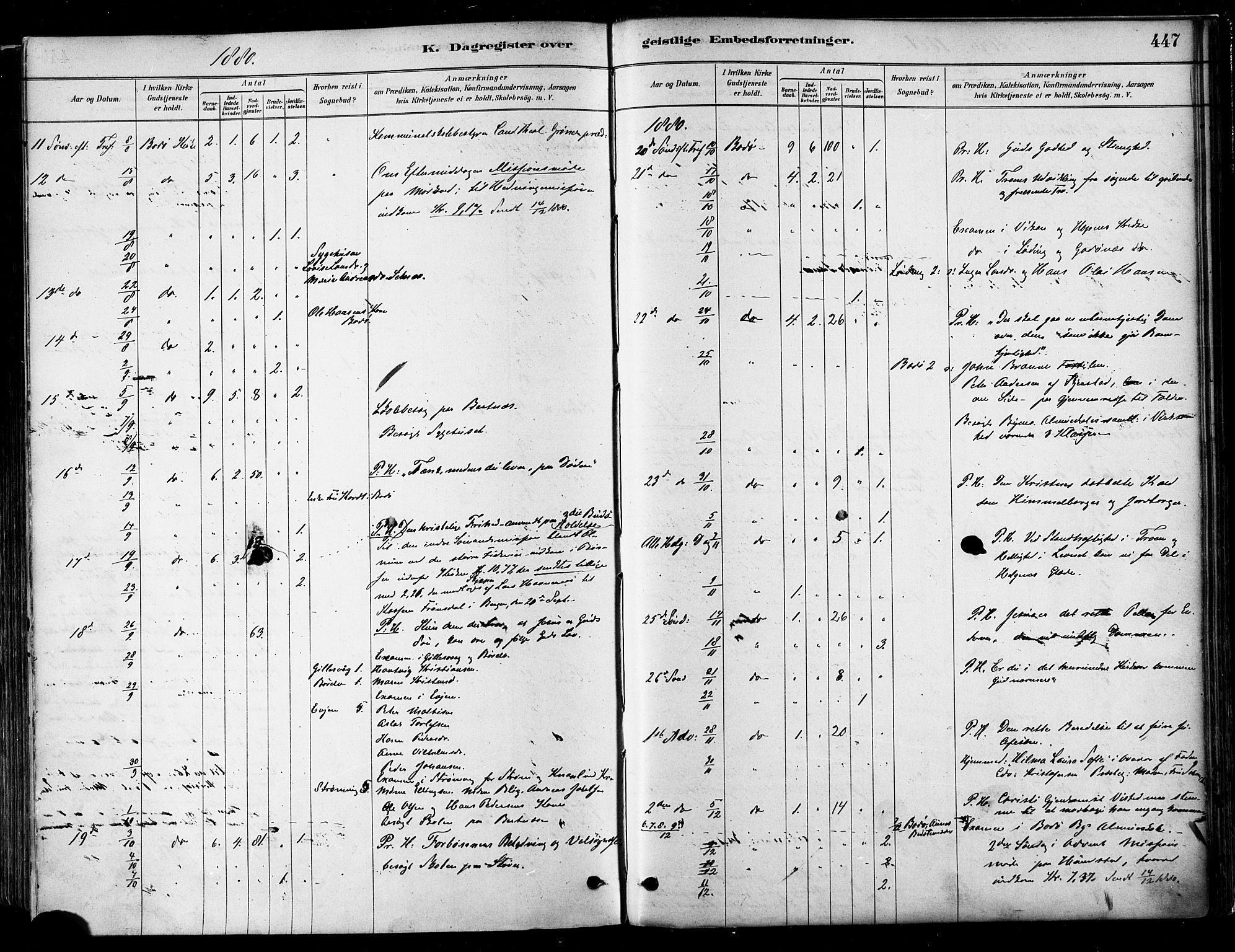 Ministerialprotokoller, klokkerbøker og fødselsregistre - Nordland, SAT/A-1459/802/L0054: Parish register (official) no. 802A01, 1879-1893, p. 447