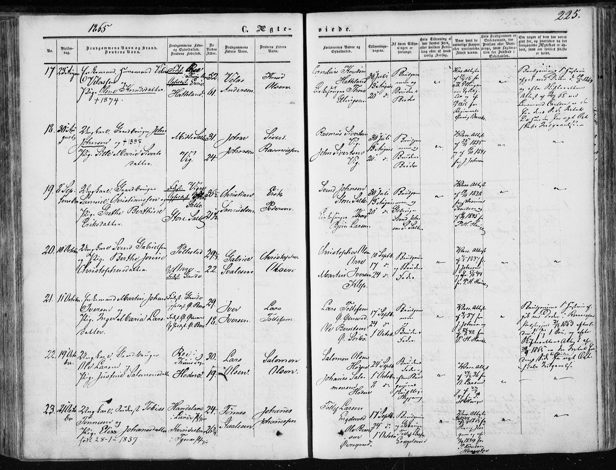 Klepp sokneprestkontor, AV/SAST-A-101803/001/3/30BA/L0005: Parish register (official) no. A 5, 1853-1870, p. 225