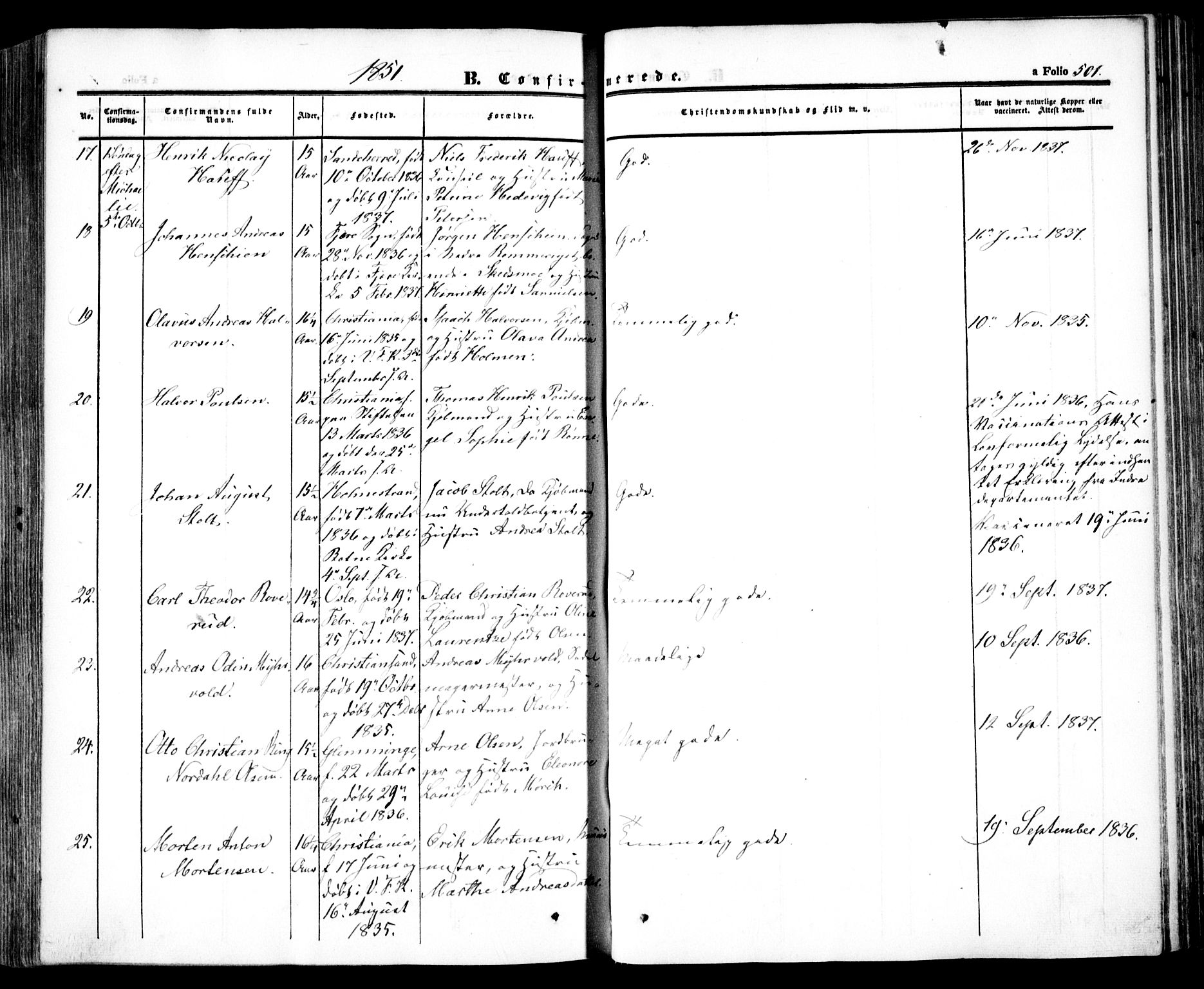 Oslo domkirke Kirkebøker, SAO/A-10752/F/Fa/L0013: Parish register (official) no. 13, 1844-1864, p. 501