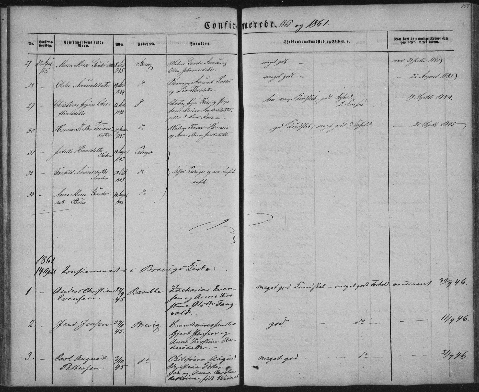 Brevik kirkebøker, SAKO/A-255/F/Fa/L0005: Parish register (official) no. 5, 1847-1865, p. 177