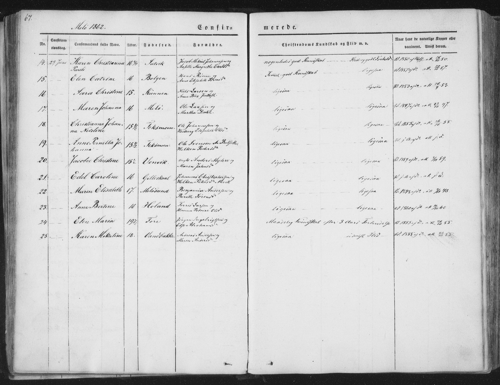 Ministerialprotokoller, klokkerbøker og fødselsregistre - Nordland, AV/SAT-A-1459/841/L0604: Parish register (official) no. 841A09 /2, 1845-1862, p. 67