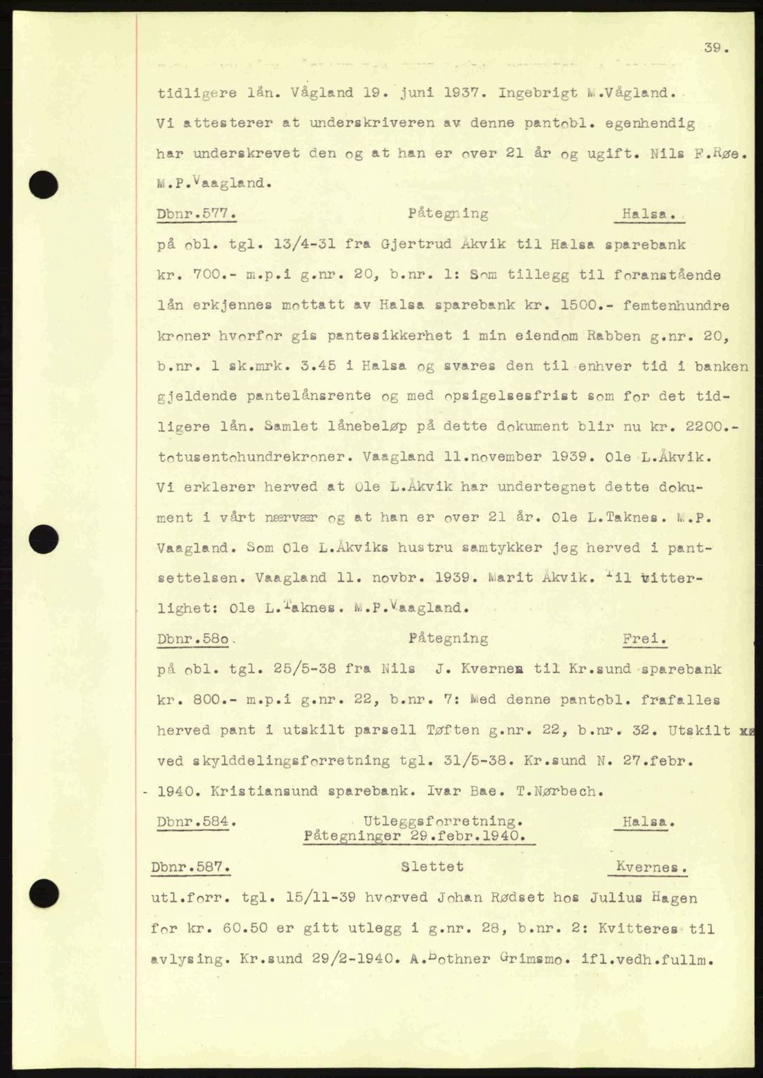 Nordmøre sorenskriveri, AV/SAT-A-4132/1/2/2Ca: Mortgage book no. C81, 1940-1945, Diary no: : 577/1940