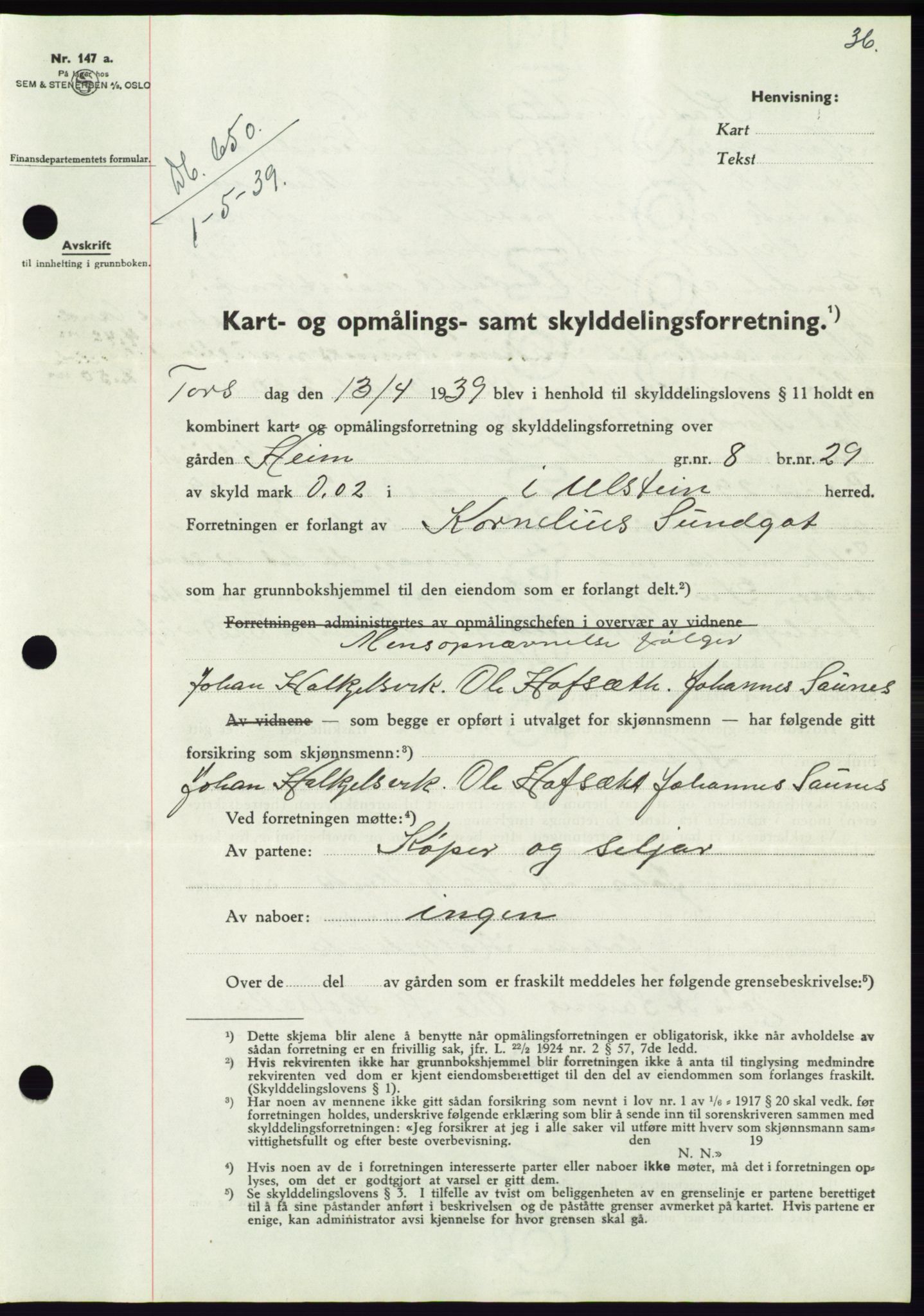 Søre Sunnmøre sorenskriveri, AV/SAT-A-4122/1/2/2C/L0068: Mortgage book no. 62, 1939-1939, Diary no: : 650/1939